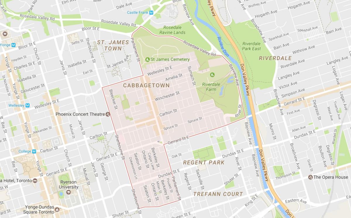 Mapa Cabbagetown susjedstvu Torontu