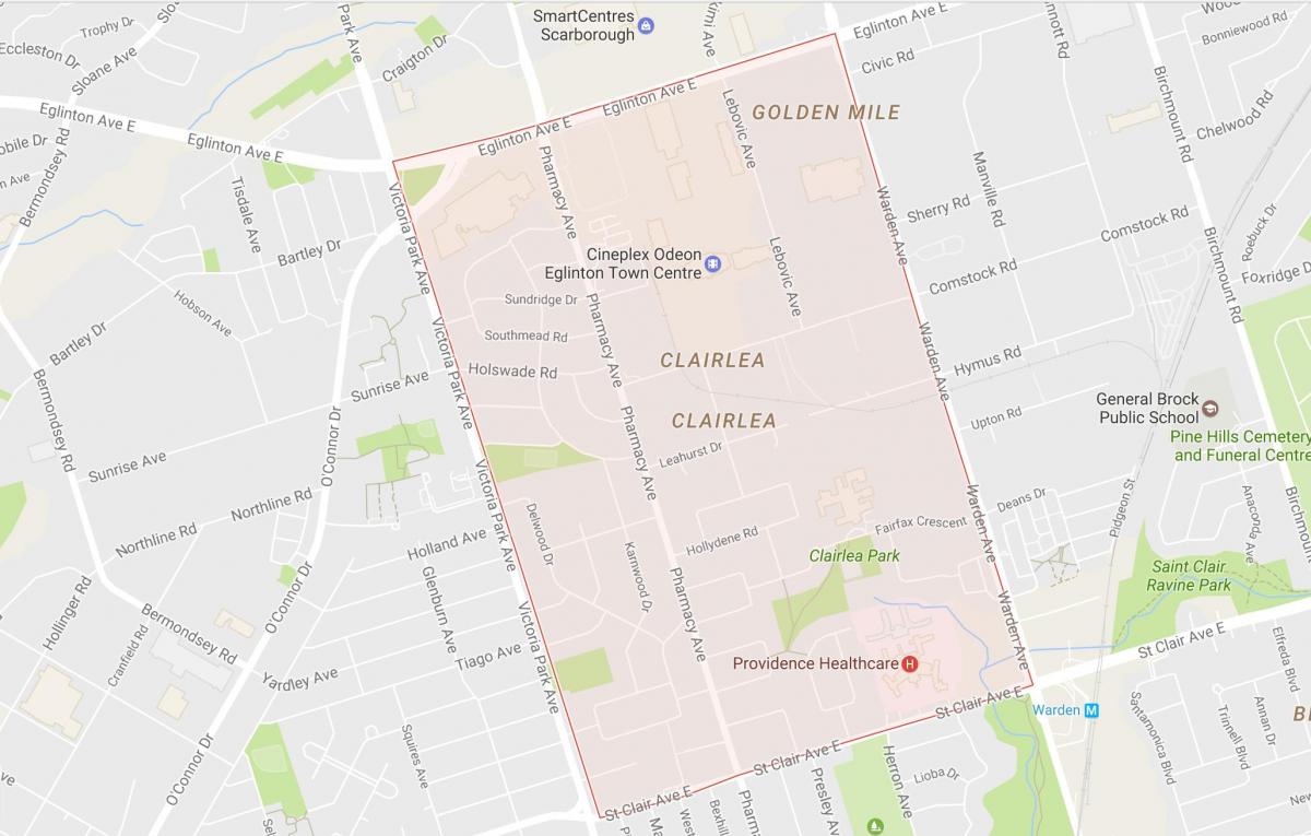 Mapa Clairlea susjedstvu Torontu