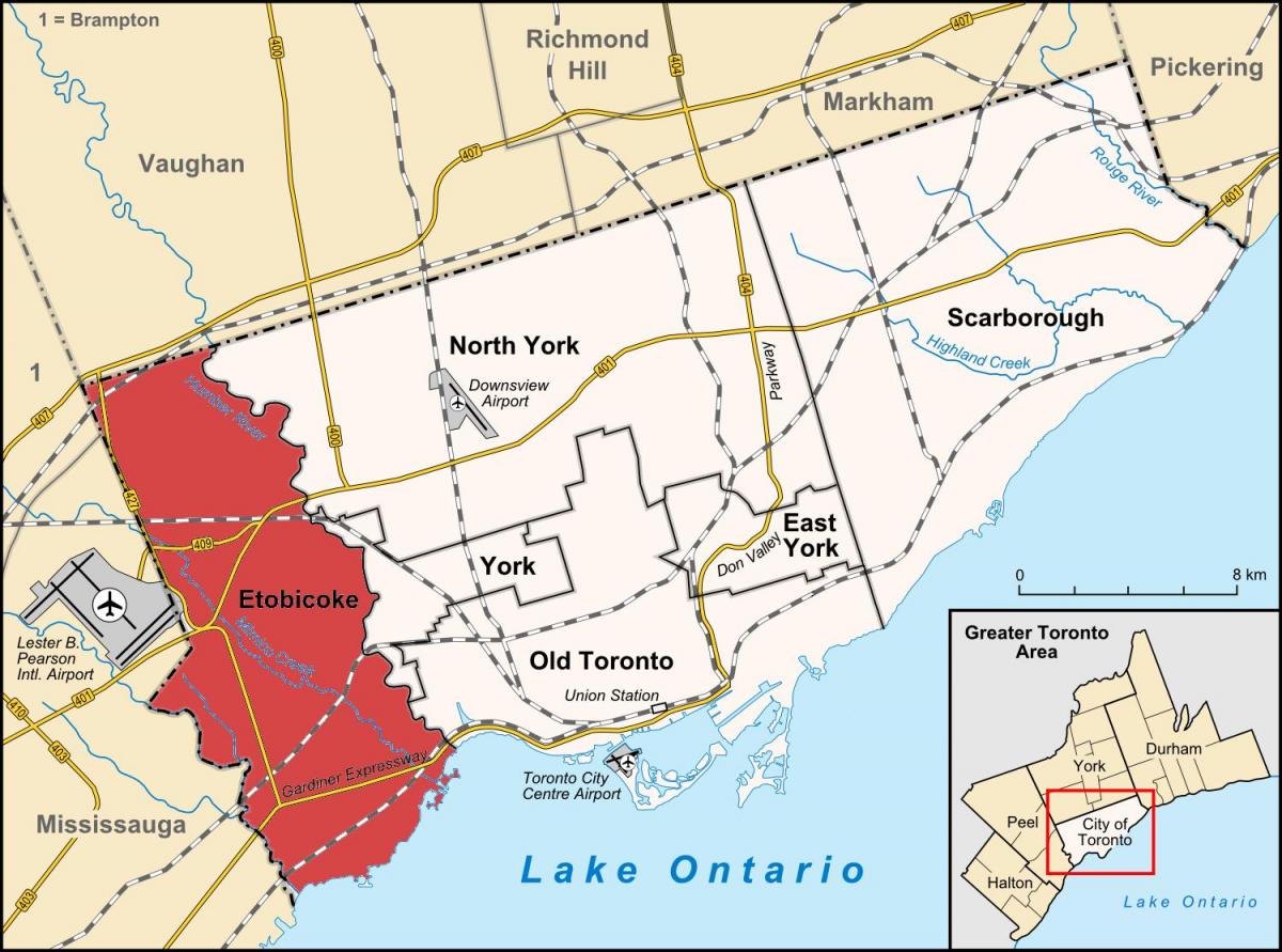 Mapa Etobikoku distriktu Torontu
