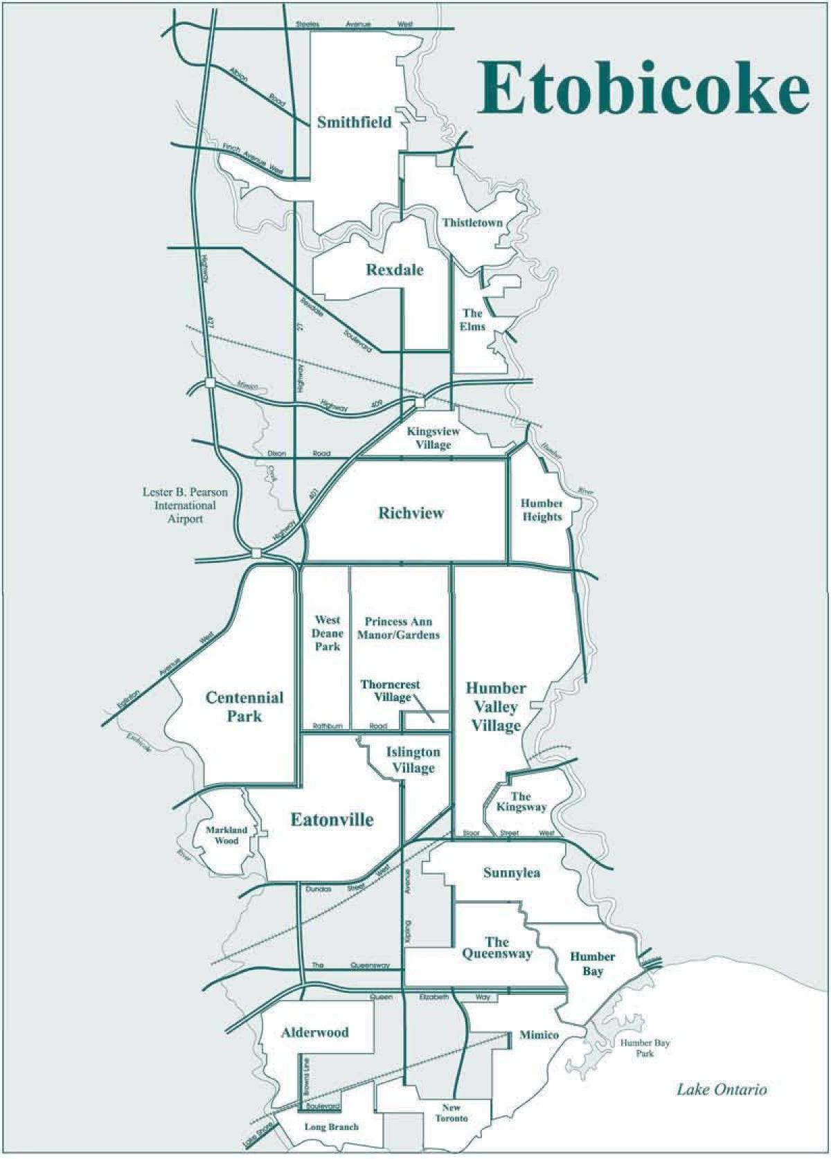 Mapa Etobikoku susjedstvu Torontu
