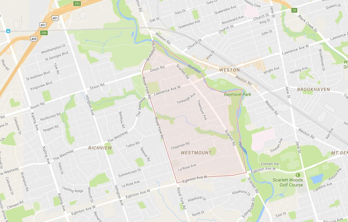 Mapa Humber Visine – Westmount susjedstvu Torontu