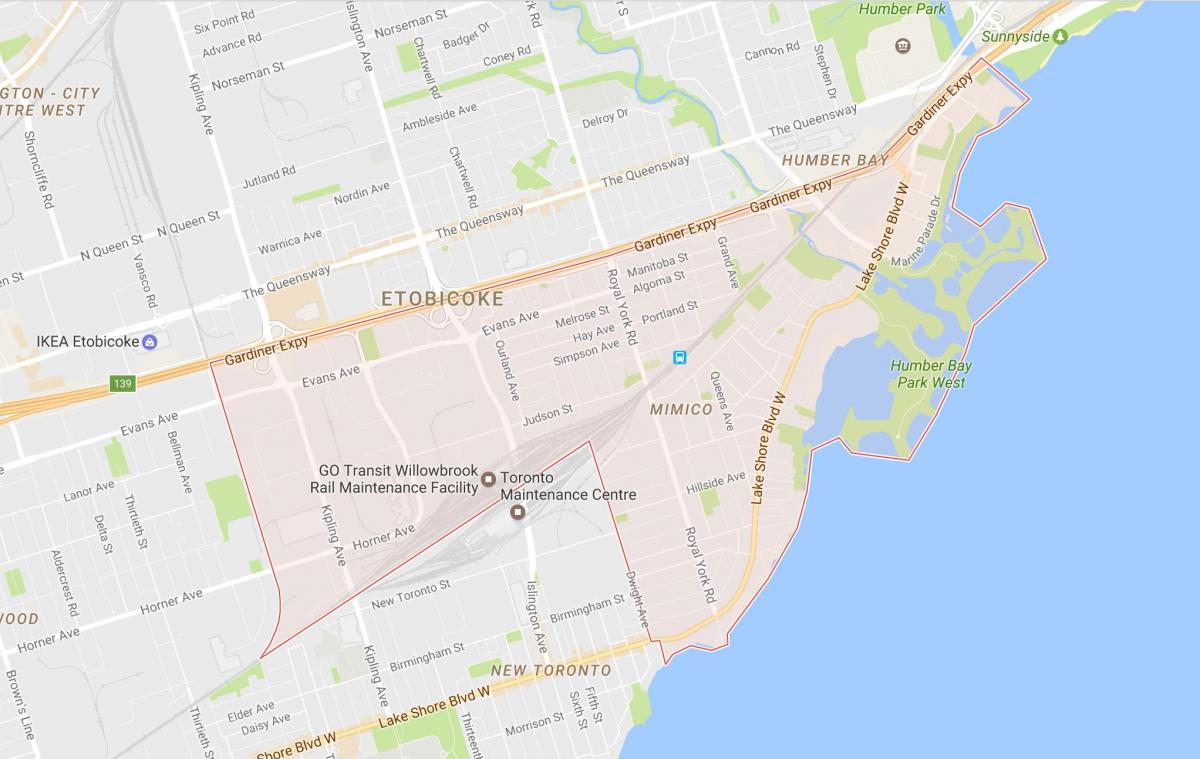 Mapa Mimico susjedstvu Torontu