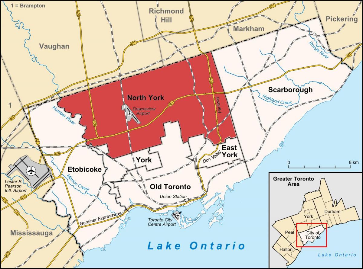 Mapa na Sjever York Torontu