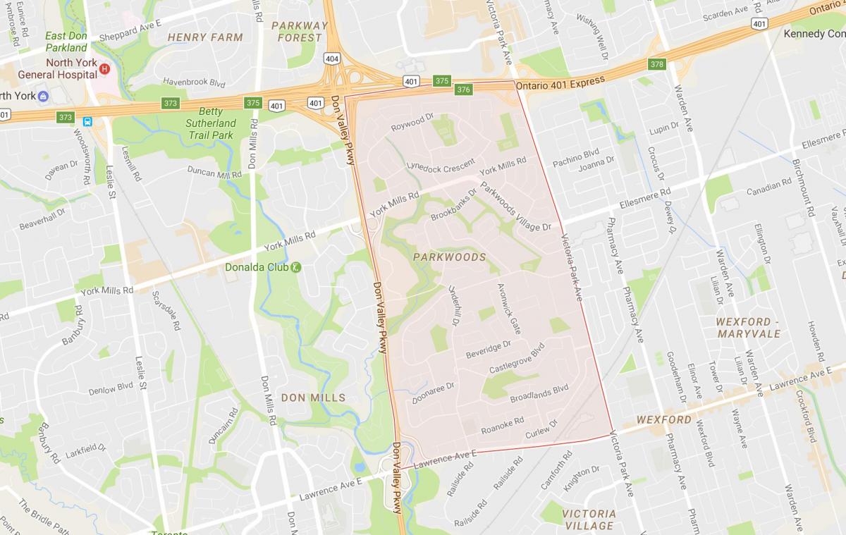 Mapa Parkwoods susjedstvu Torontu