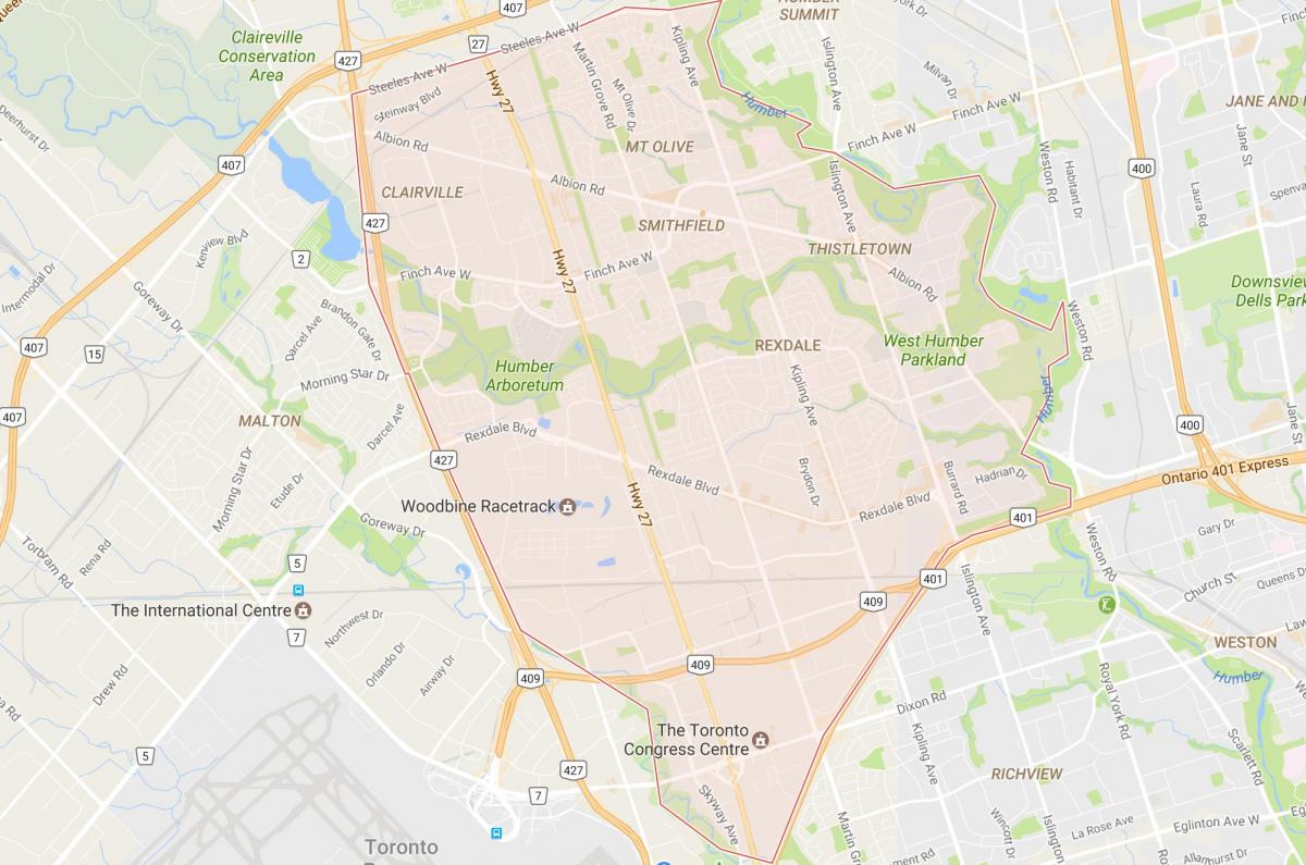 Mapa Rexdale susjedstvu Torontu