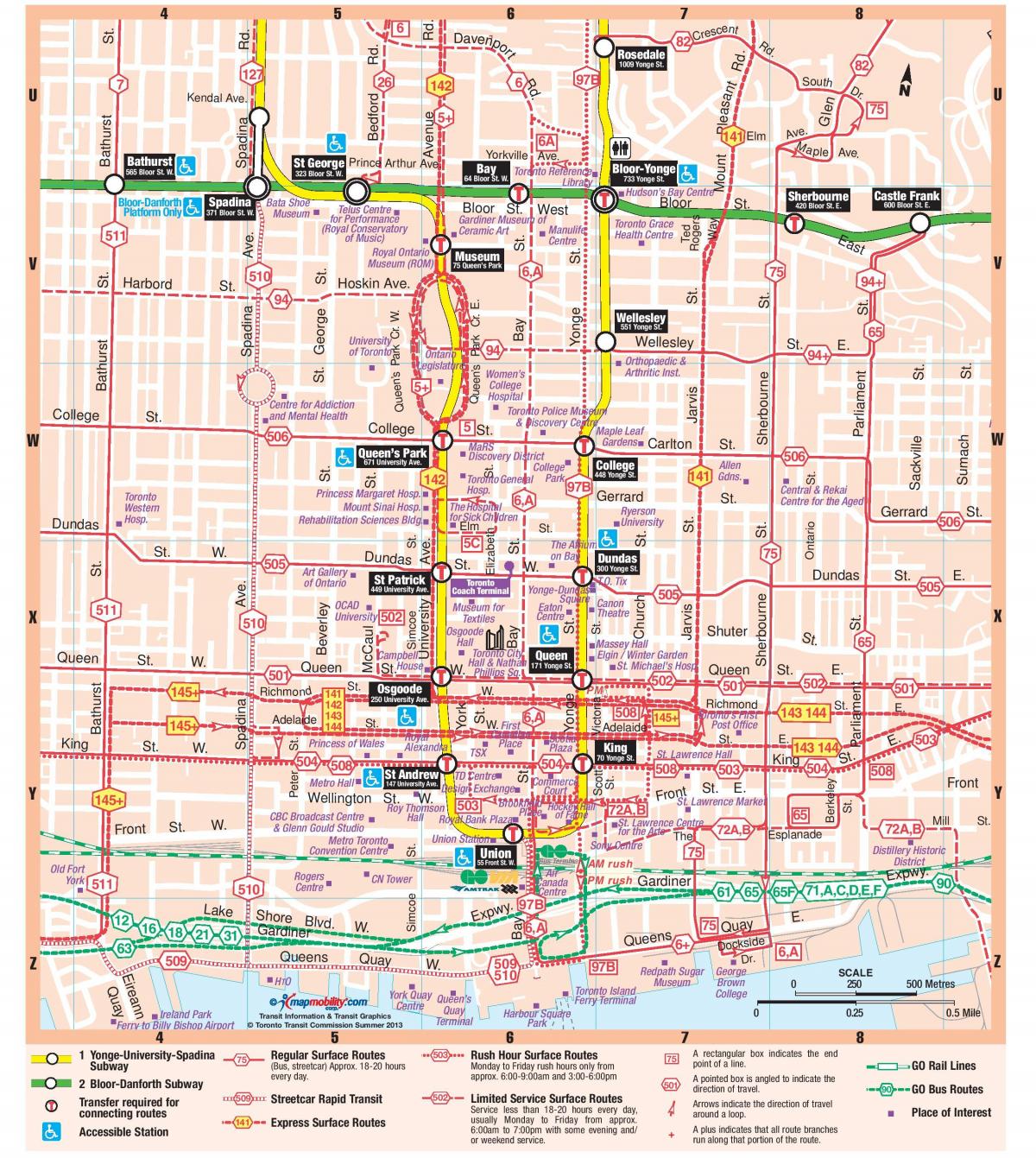 Mapa Metroa stanici u centru grada Torontu