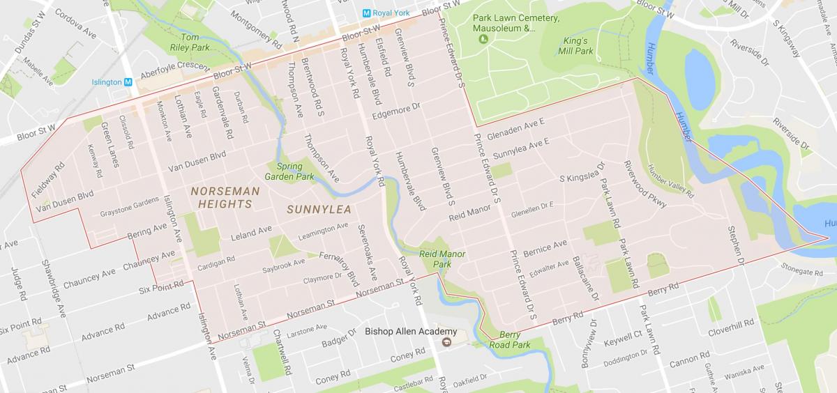 Mapa Sunnylea susjedstvu susjedstvu Torontu