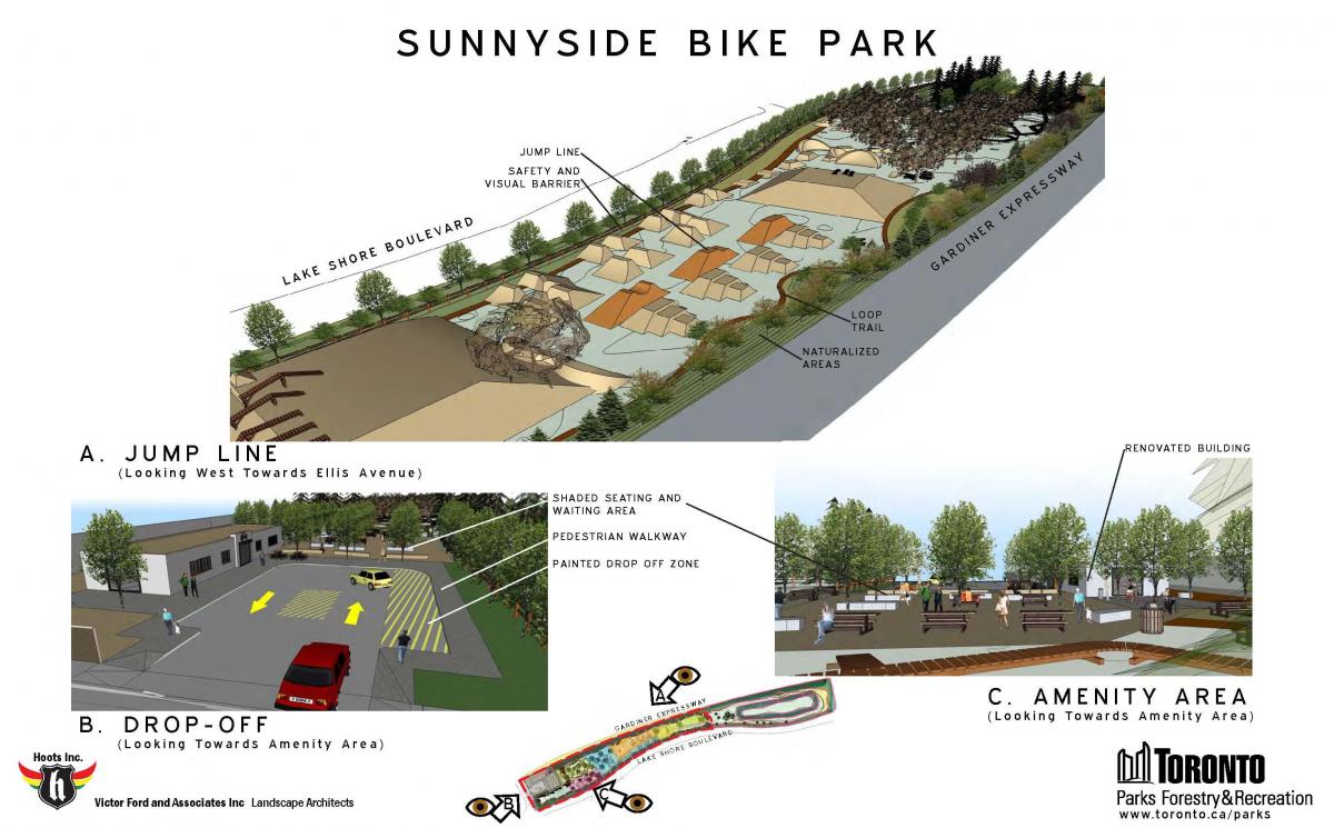 Mapa Sunnyside bicikl park Torontu skok liniji