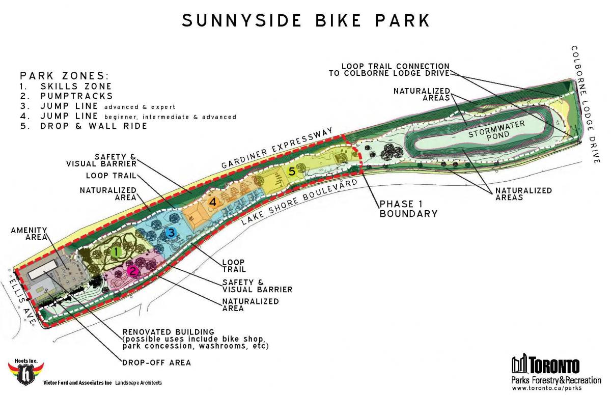 Mapa Sunnyside Bicikl Park zona Torontu