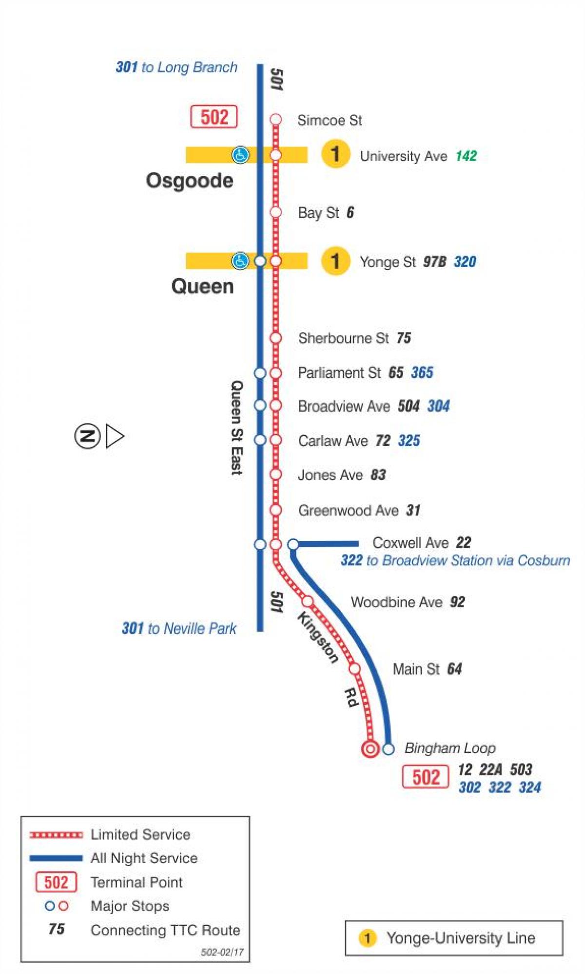 Mapa tramvaj liniju 502 Downtowner