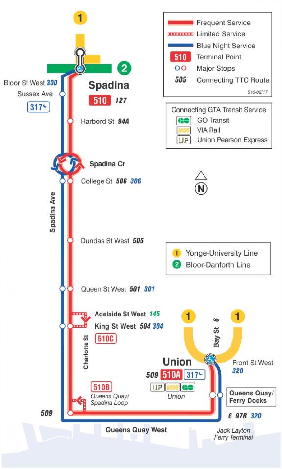 Mapa tramvaj liniju 510 Spadina