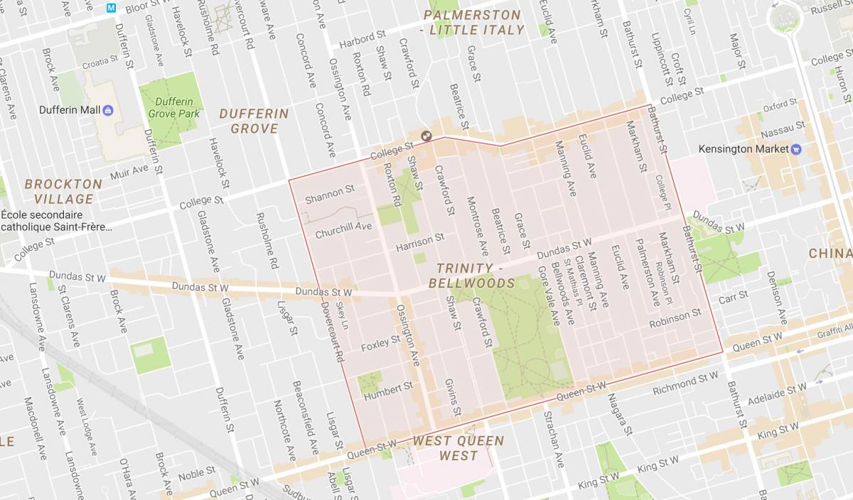 Mapa Trinity–Bellwoods susjedstvu Torontu