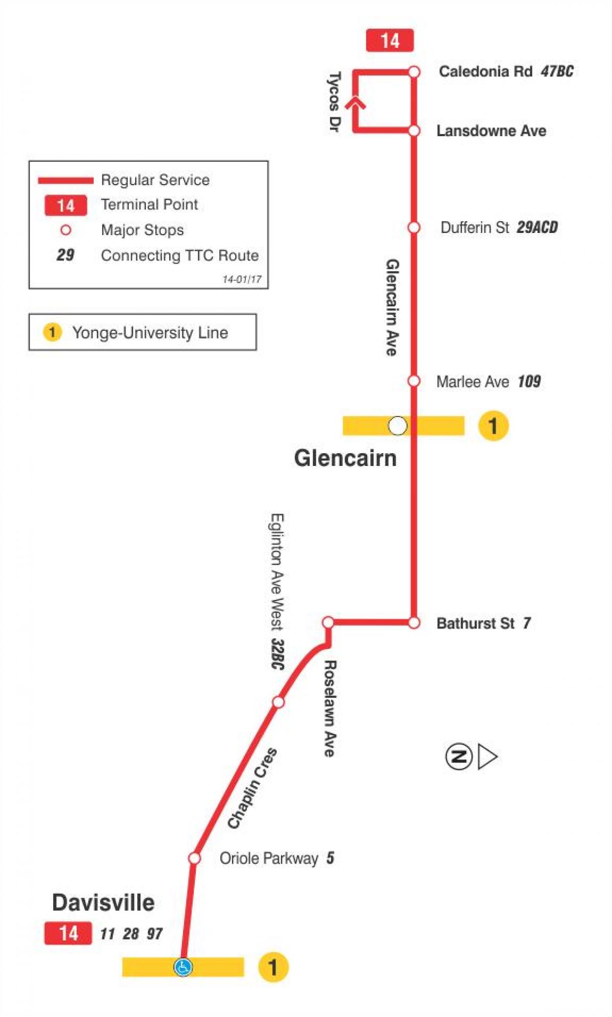 Mapa TTC 14 Glencairn autobusnu rutu Torontu