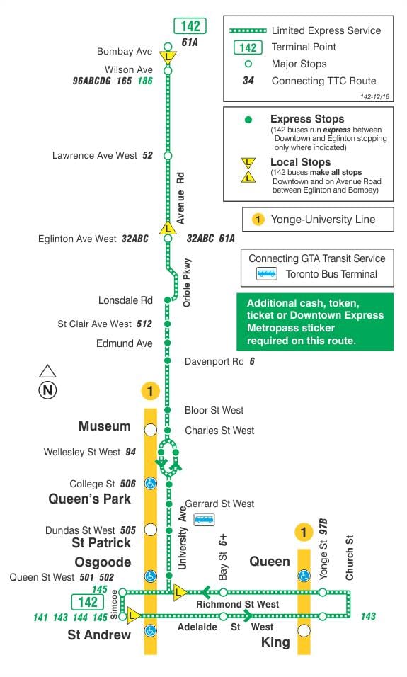 Mapa TTC 142 u Centru / Aveniji Rd Ekspresni autobus put Torontu