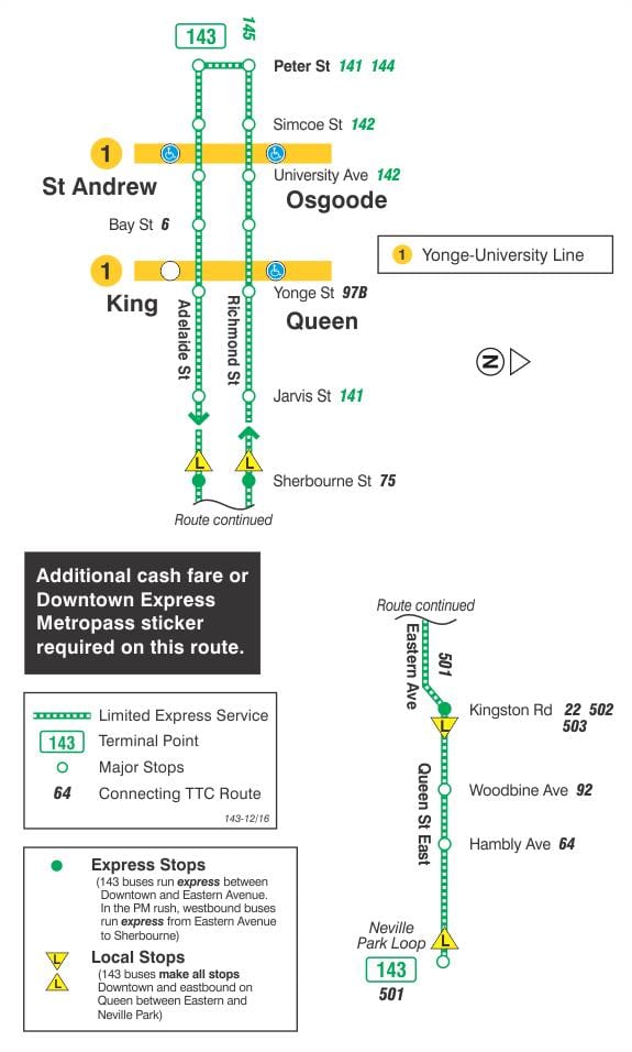 Mapa TTC 143 u Centru / Plaži Ekspresni autobus put Torontu