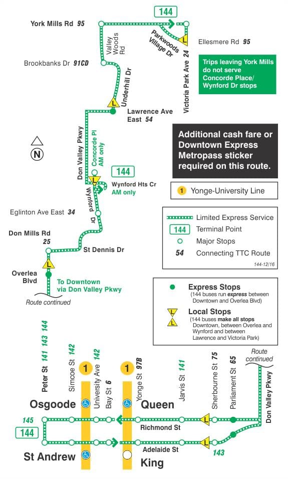 Mapa TTC 144 u Centru / Ne Dolini Ekspresni autobus put Torontu