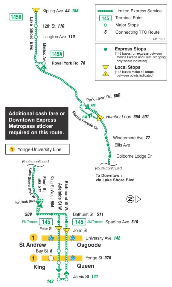 Mapa TTC 145 u Centru / Humber Bay Ekspresni autobus put Torontu