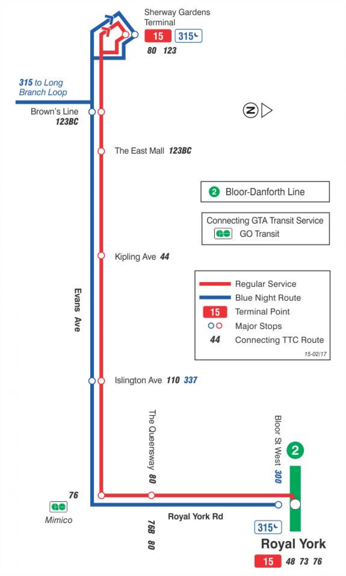 Mapa TTC 15 Evans autobusnu rutu Torontu
