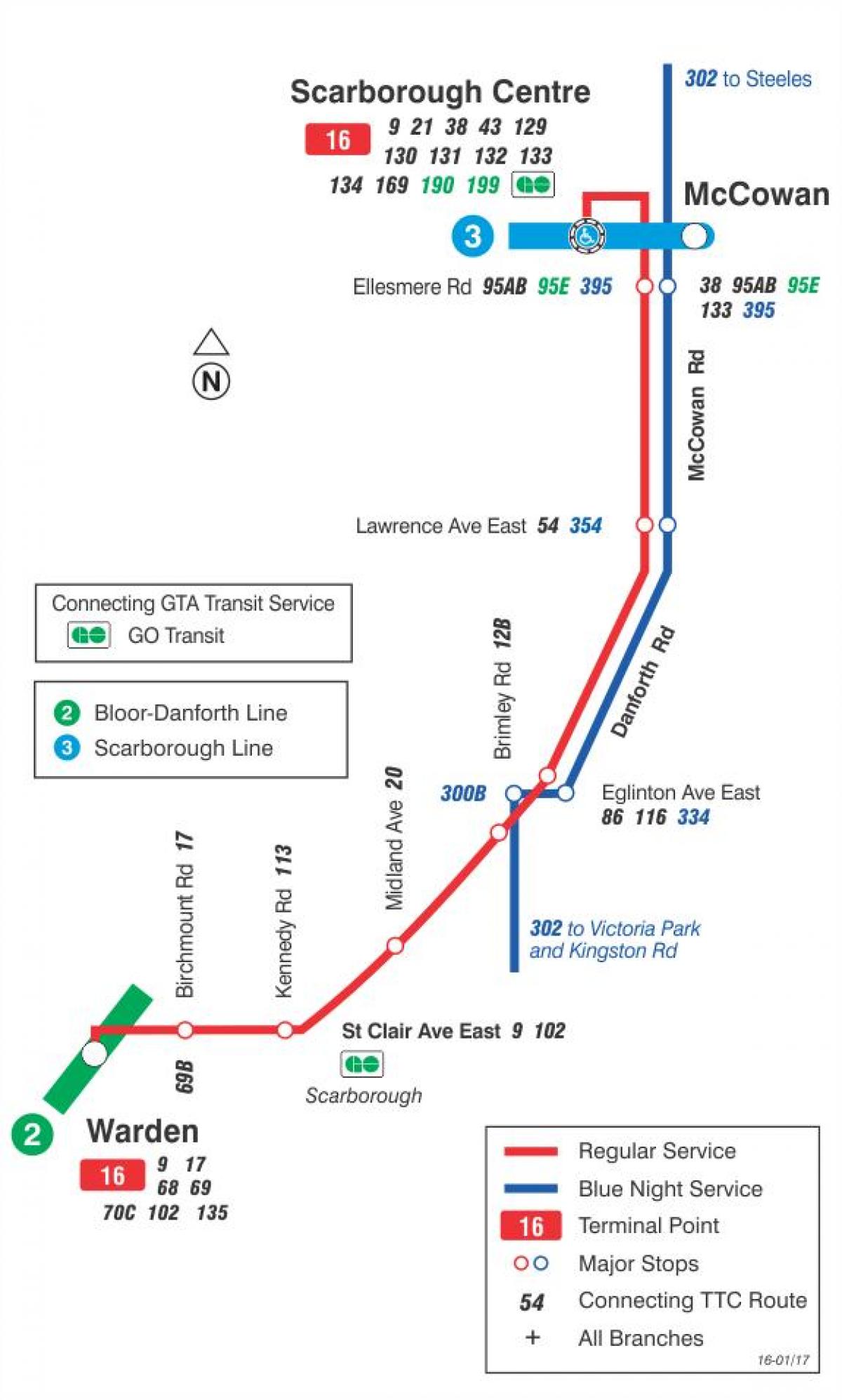 Mapa TTC 16 McCowan autobusnu rutu Torontu