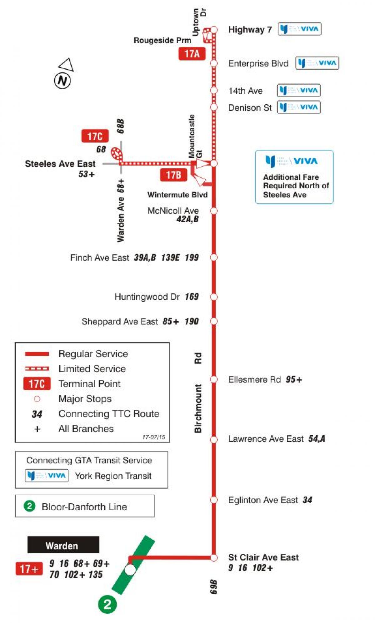 Mapa TTC 17 Birchmount autobusnu rutu Torontu