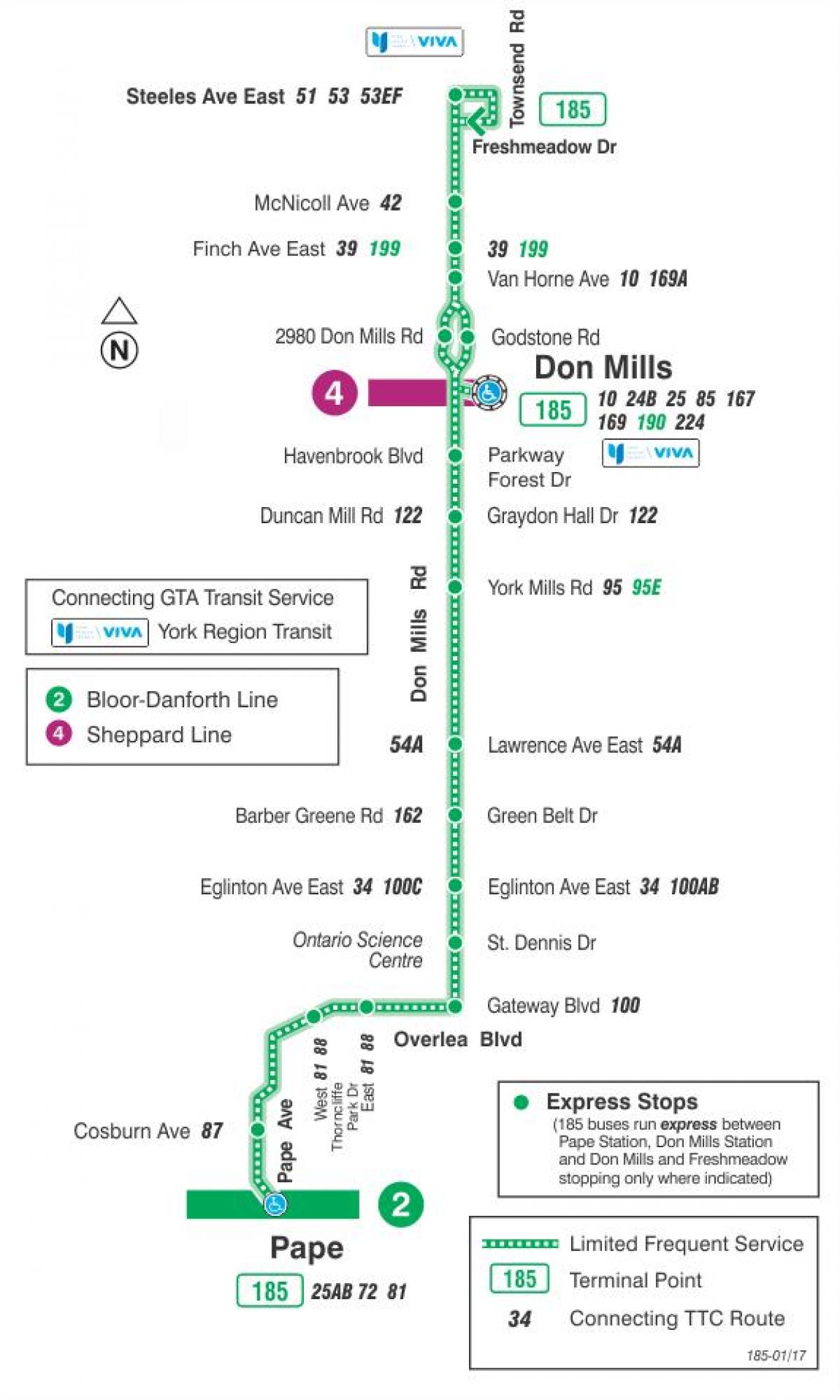 Mapa TTC 185 Ne Mills Raketa autobusnu rutu Torontu
