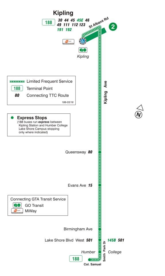 Mapa TTC 188 Kipling Južno Raketa autobusnu rutu Torontu