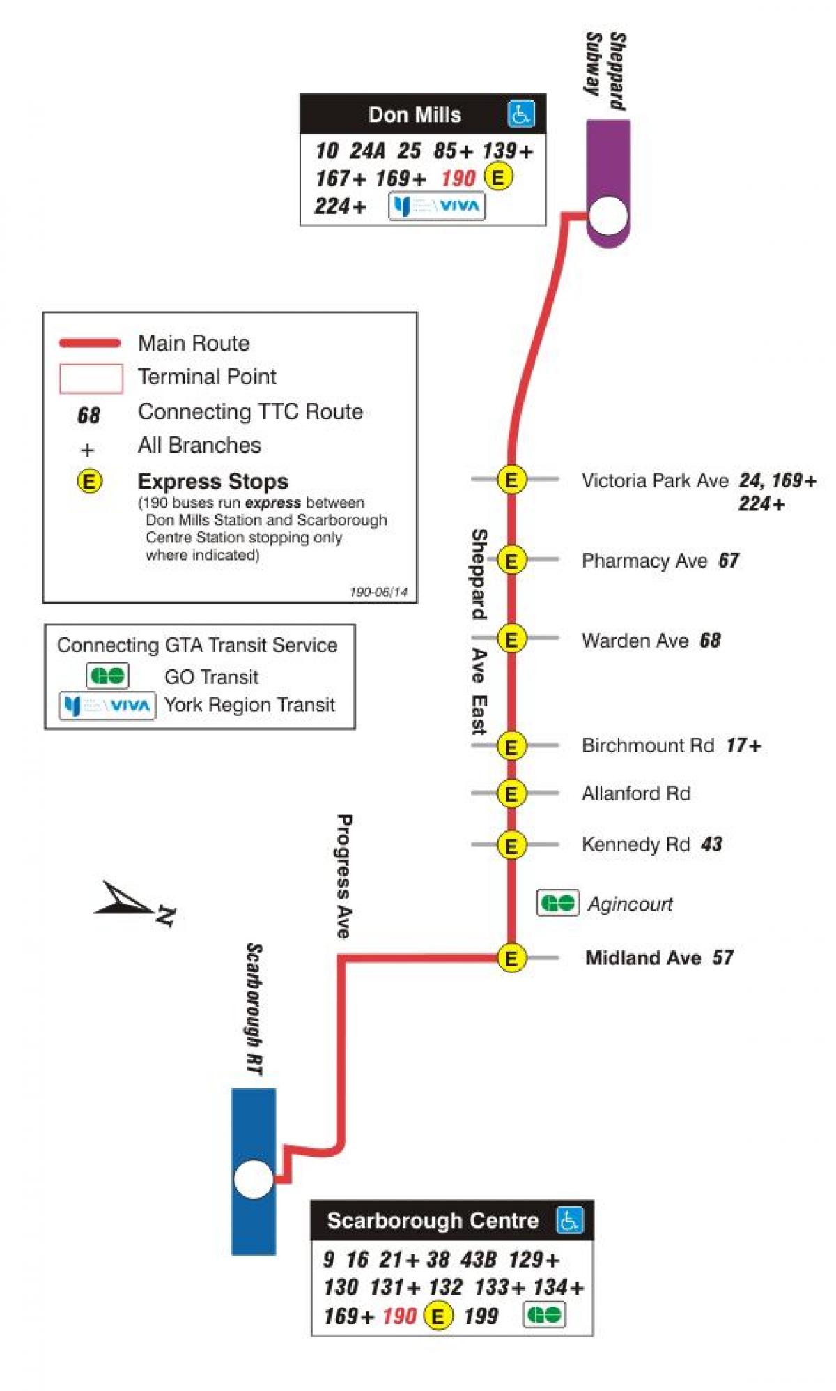 Mapa TTC 190 Scarborough Centar Raketa autobusnu rutu Torontu