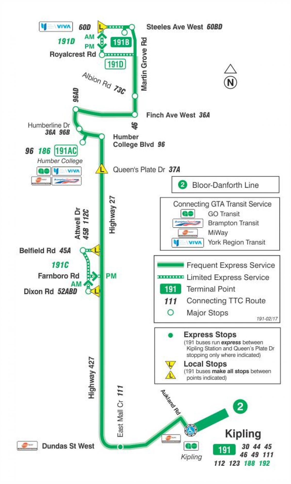 Mapa TTC 191 Autoput 27 Raketa autobusnu rutu Torontu