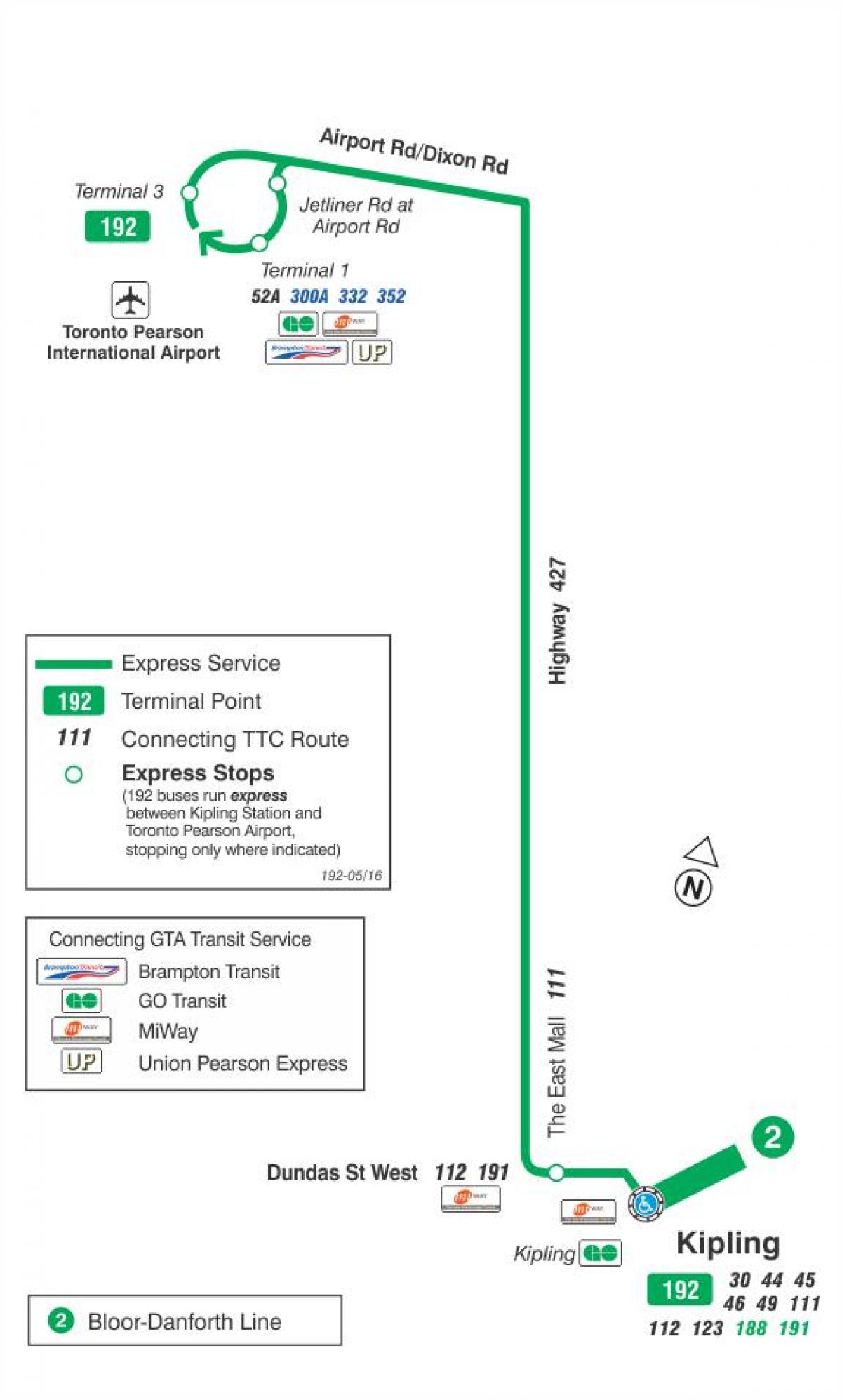 Mapa TTC 192 Aerodrom Raketa autobusnu rutu Torontu