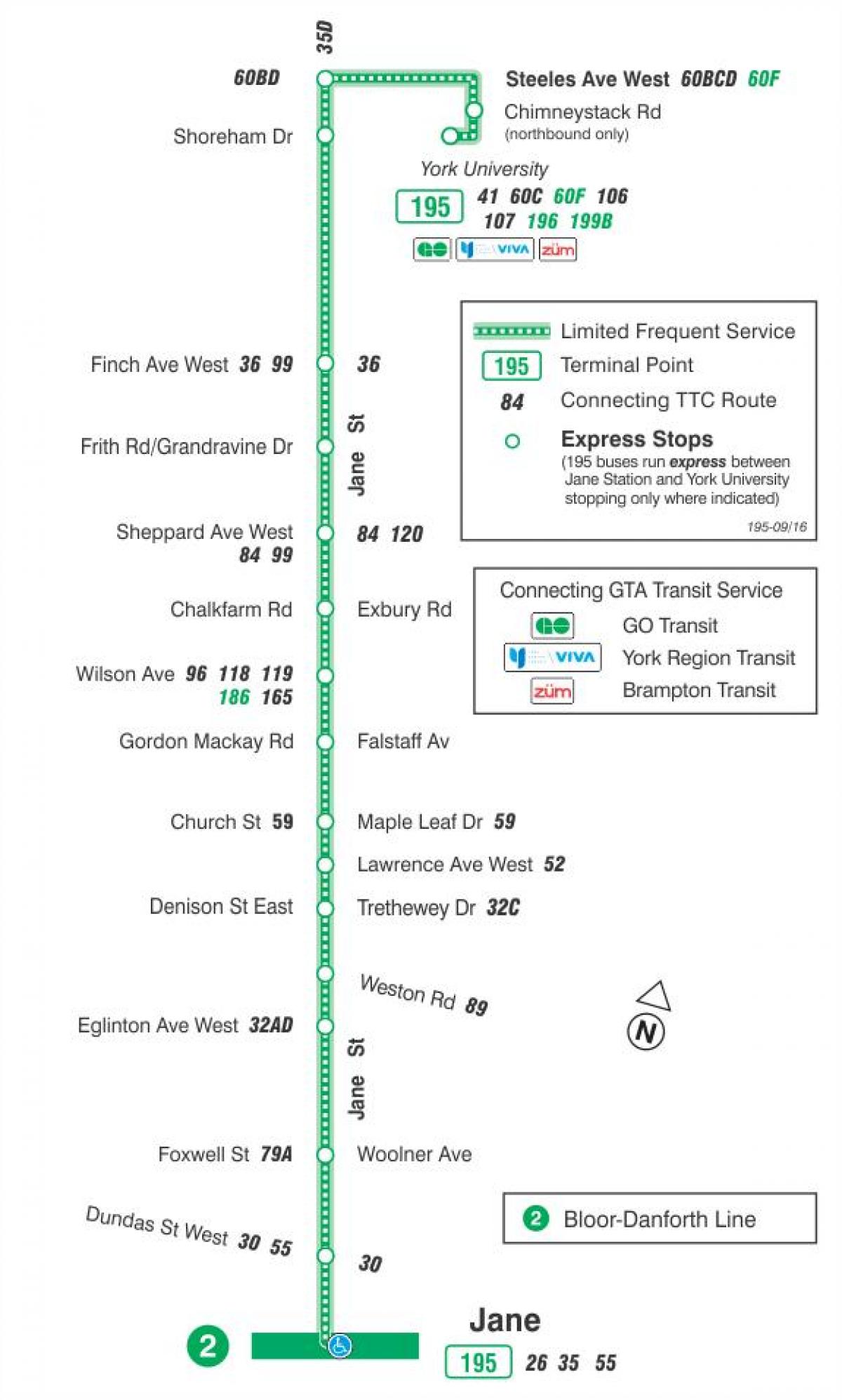 Mapa TTC 195 Jane Raketa autobusnu rutu Torontu