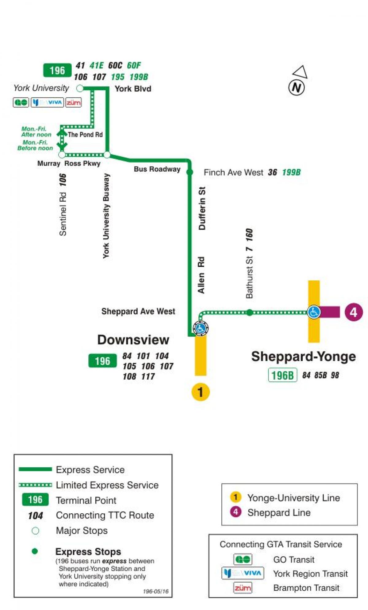 Mapa TTC 196 York Univerziteta Raketa autobusnu rutu Torontu