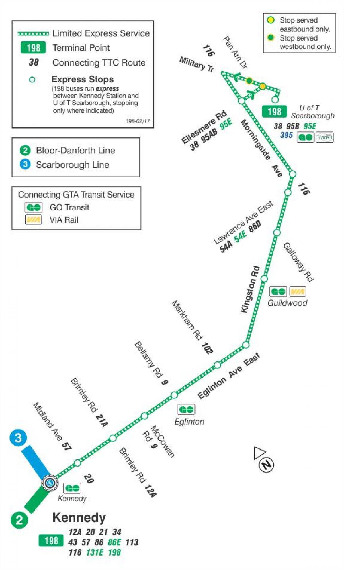 Mapa TTC 198 ih je U T Scarborough Raketa autobusnu rutu Torontu