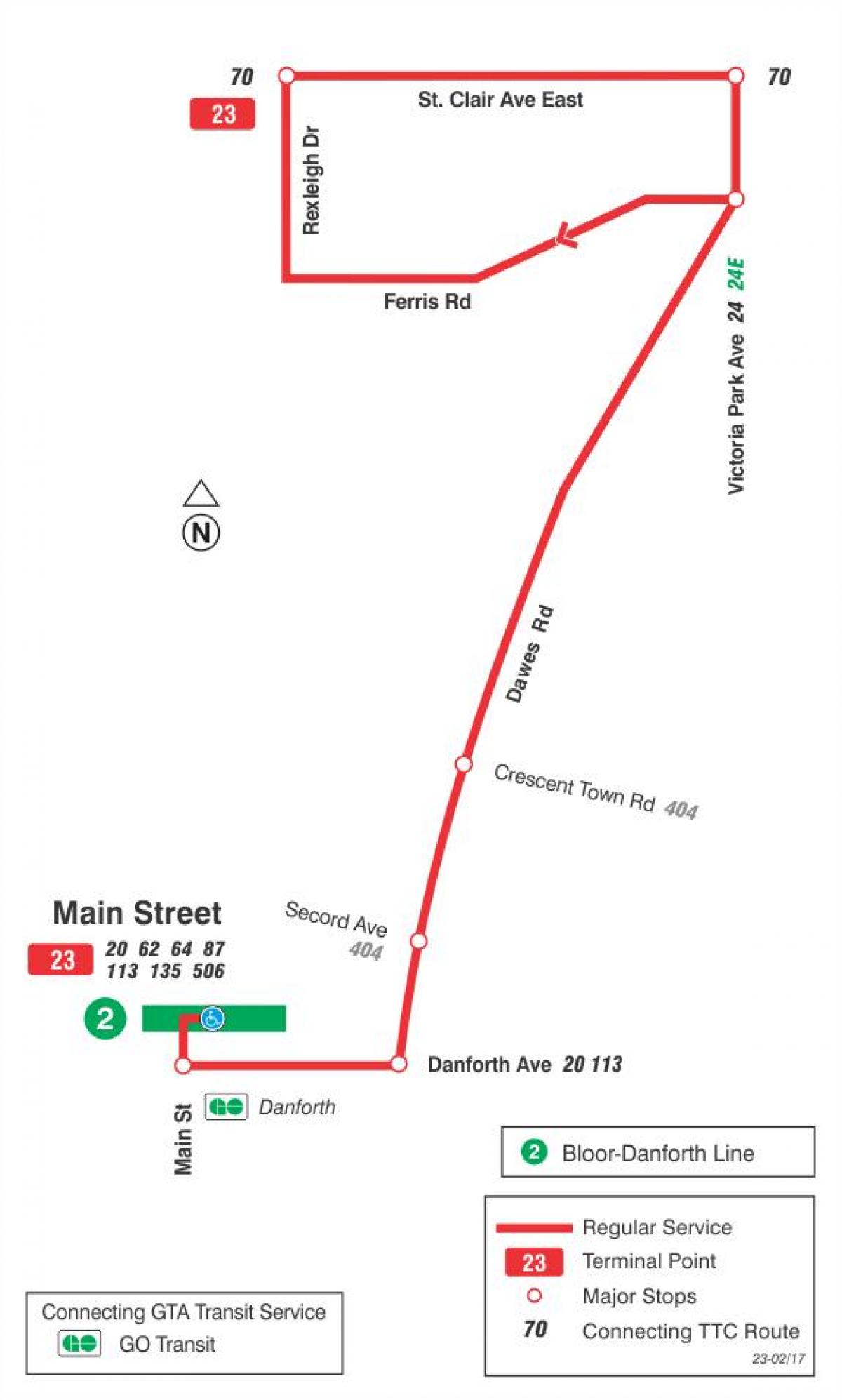 Mapa TTC 23 Dawes autobusnu rutu Torontu