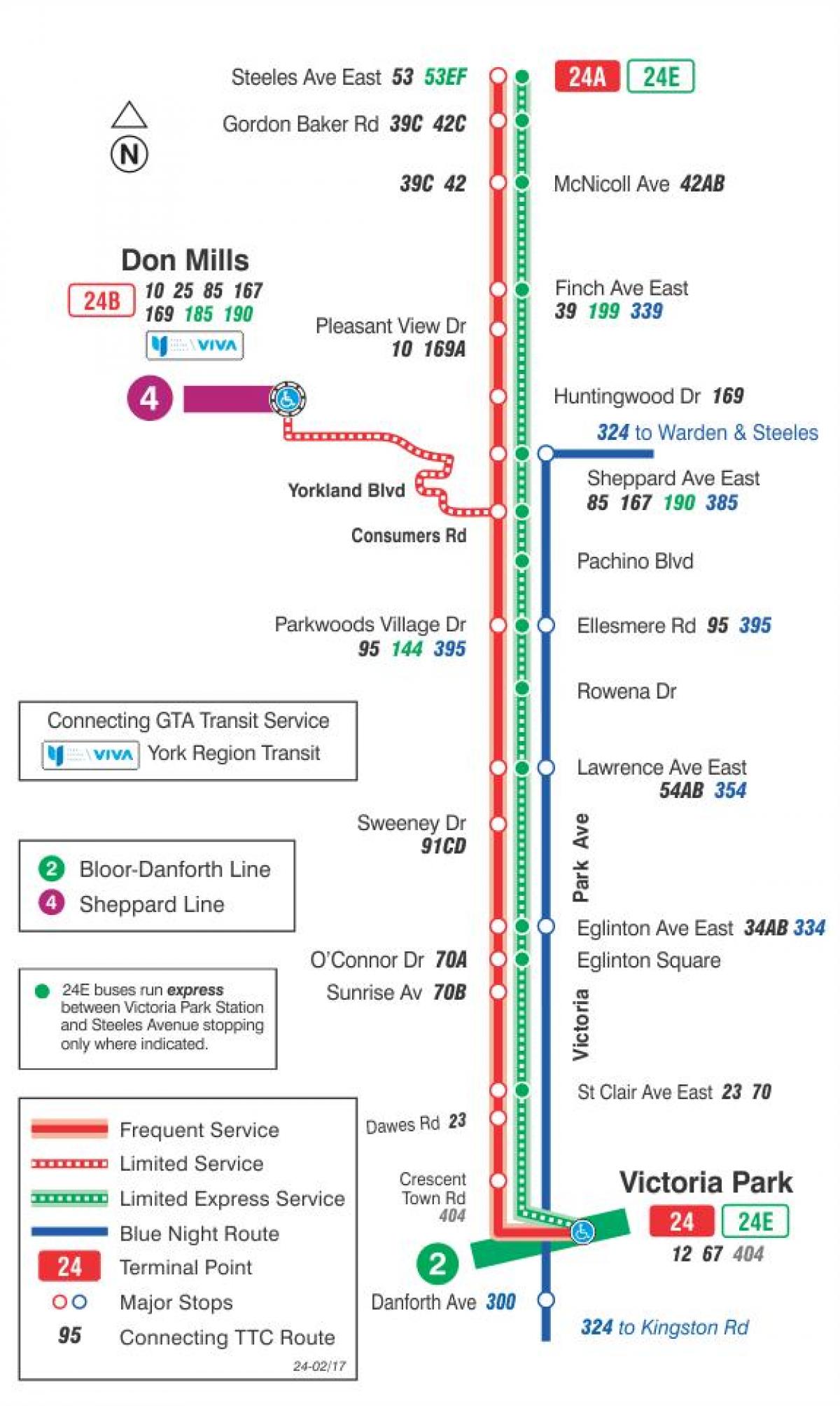 Mapa TTC 24 Victoria Park autobusnu rutu Torontu