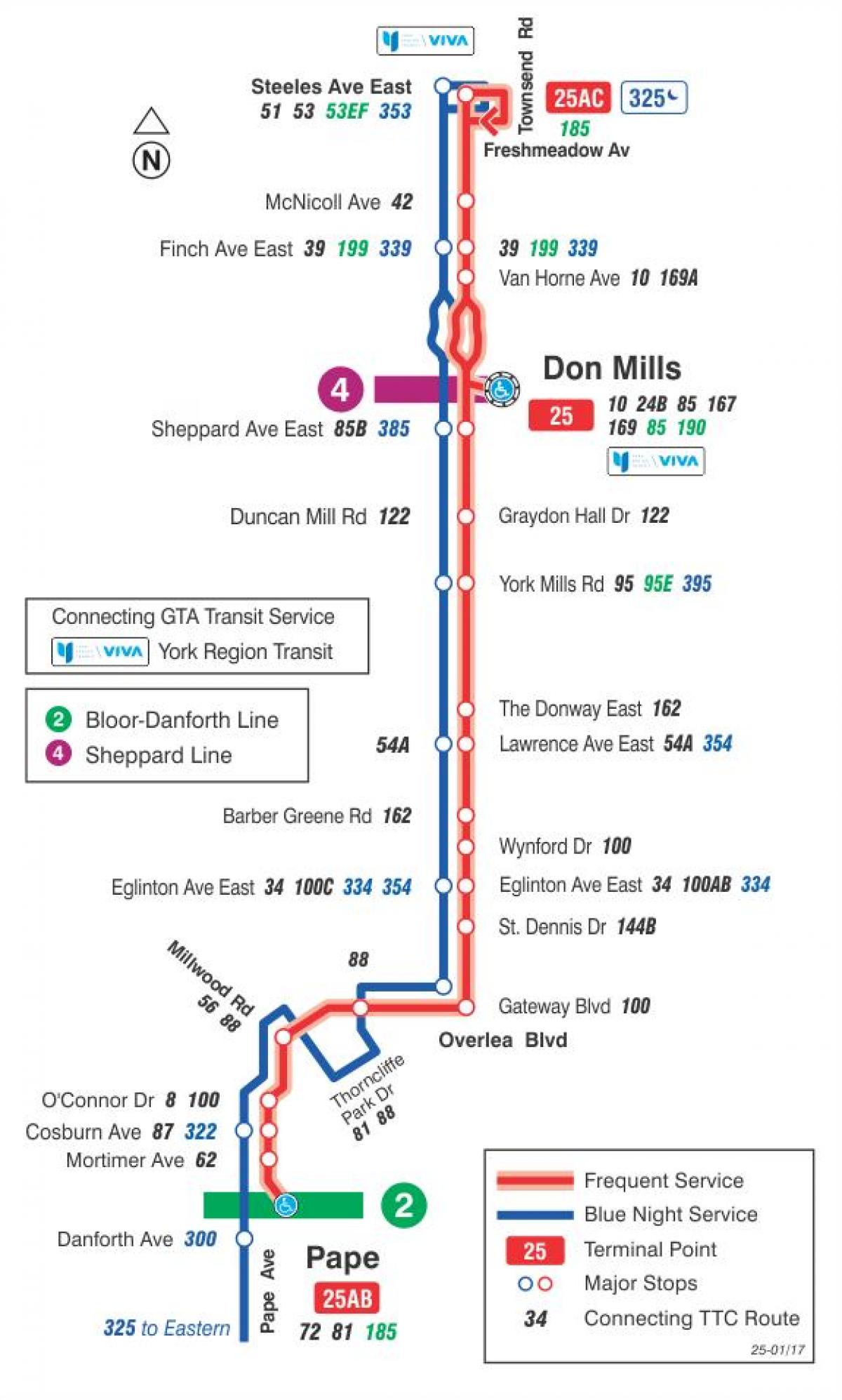 Mapa TTC 25 Ne Mills autobusnu rutu Torontu