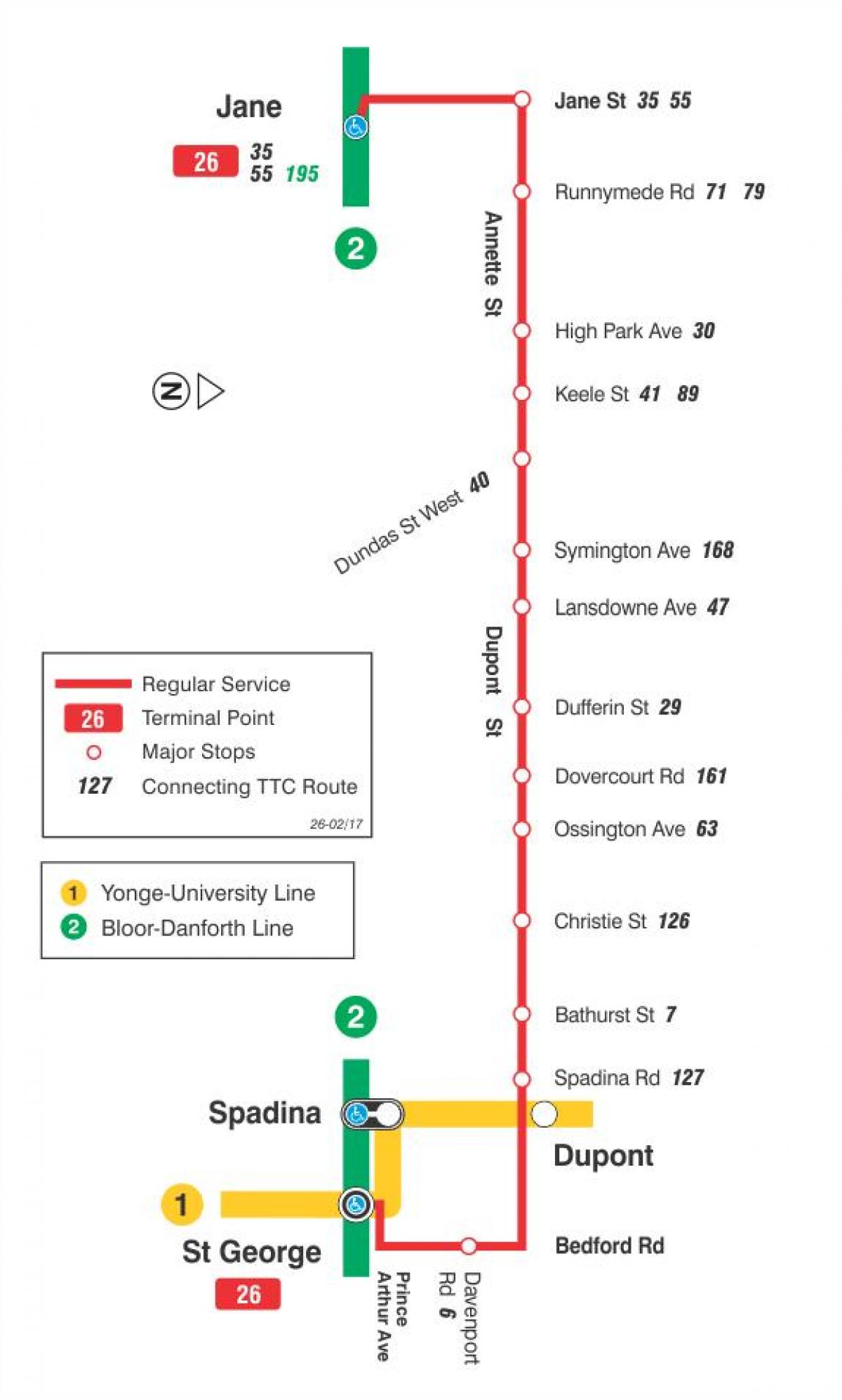 Mapa TTC 26 Dupont autobusnu rutu Torontu