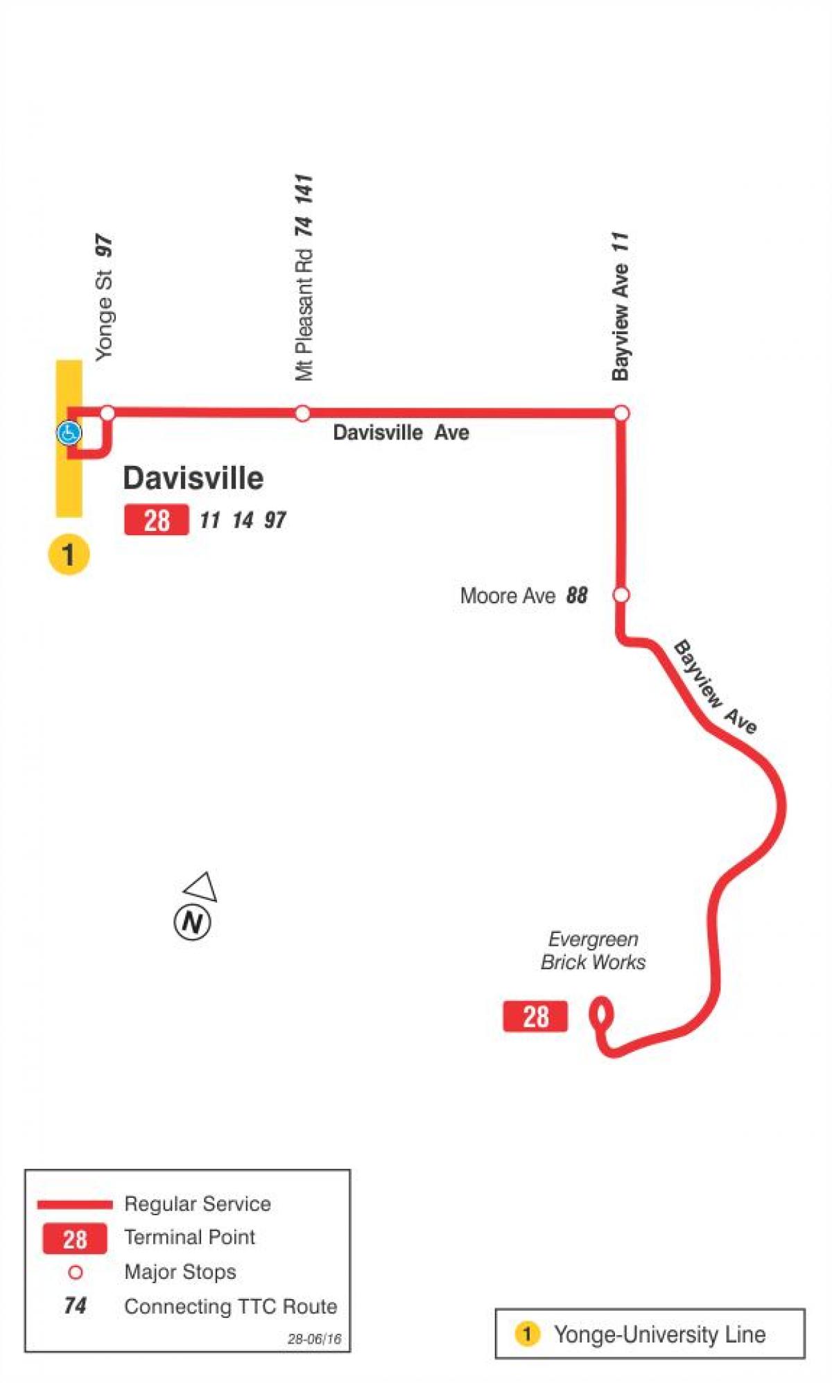 Mapa TTC 28 Bayview Južno autobusnu rutu Torontu