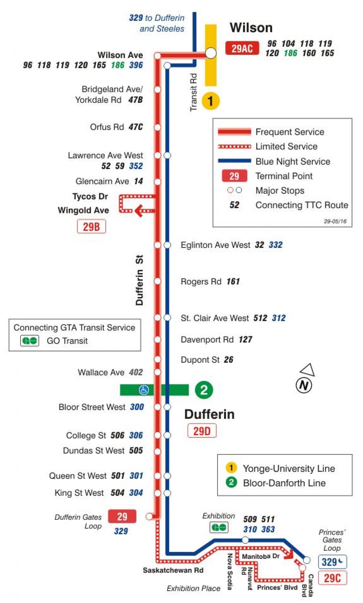 Mapa TTC 29 Dufferin autobusnu rutu Torontu