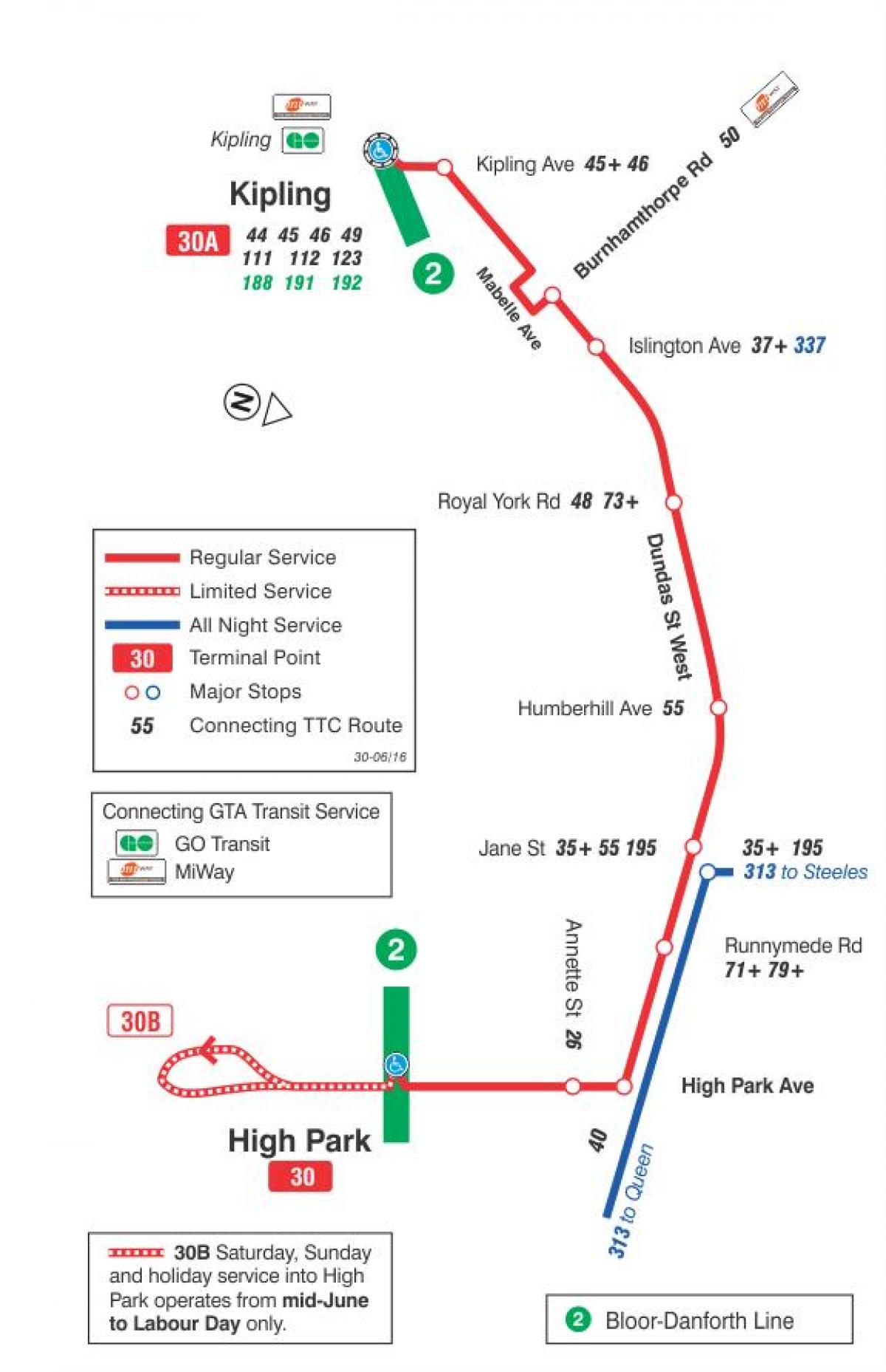 Mapa TTC 30 Lambton autobusnu rutu Torontu