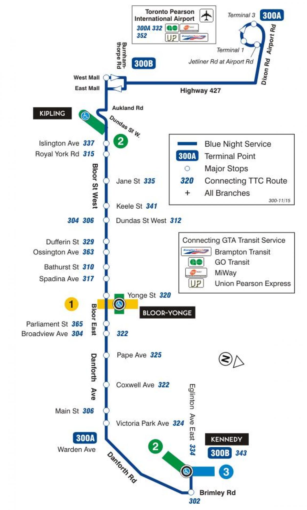 Mapa TTC 300A Bloor-Danfortha autobusnu rutu Torontu