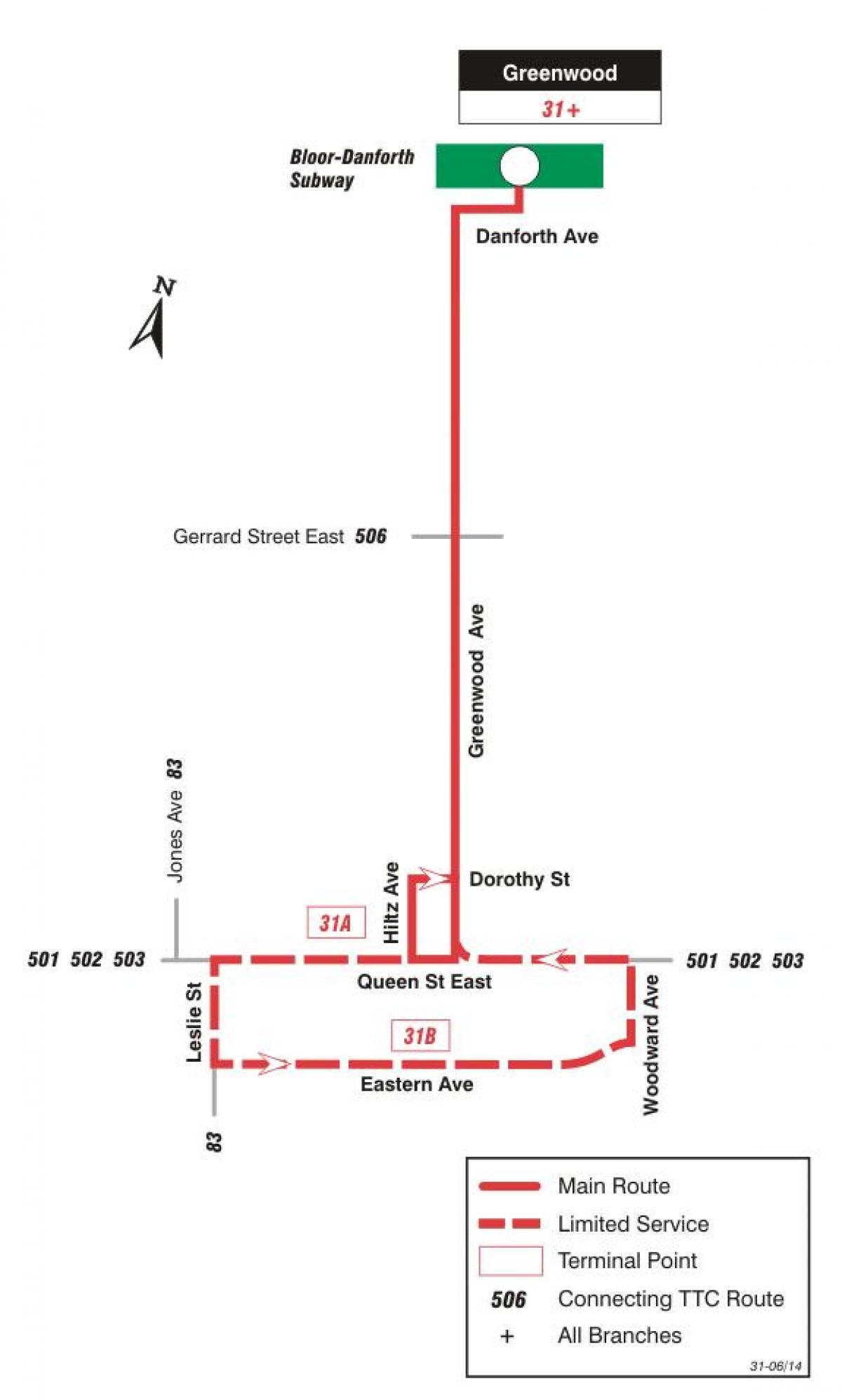 Mapa TTC 31 Greenwood autobusnu rutu Torontu