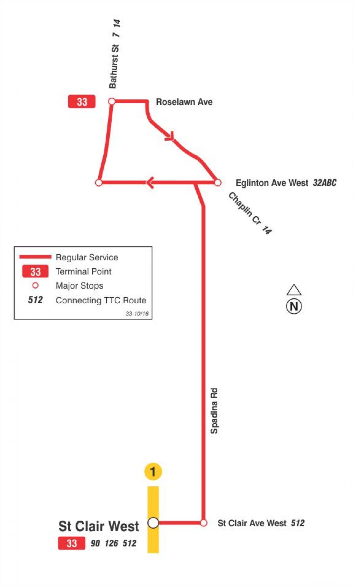 Mapa TTC 33 Forest Hillu autobusnu rutu Torontu