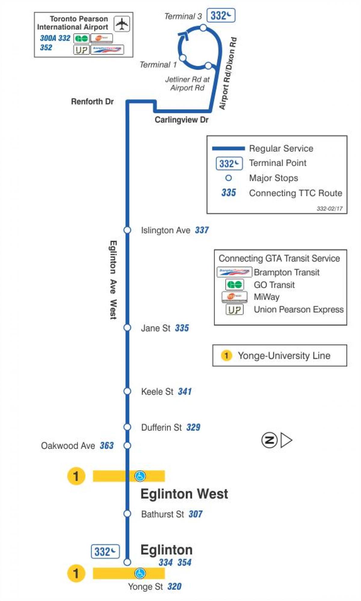 Mapa TTC 332 Eglinton Zapad autobusnu rutu Torontu