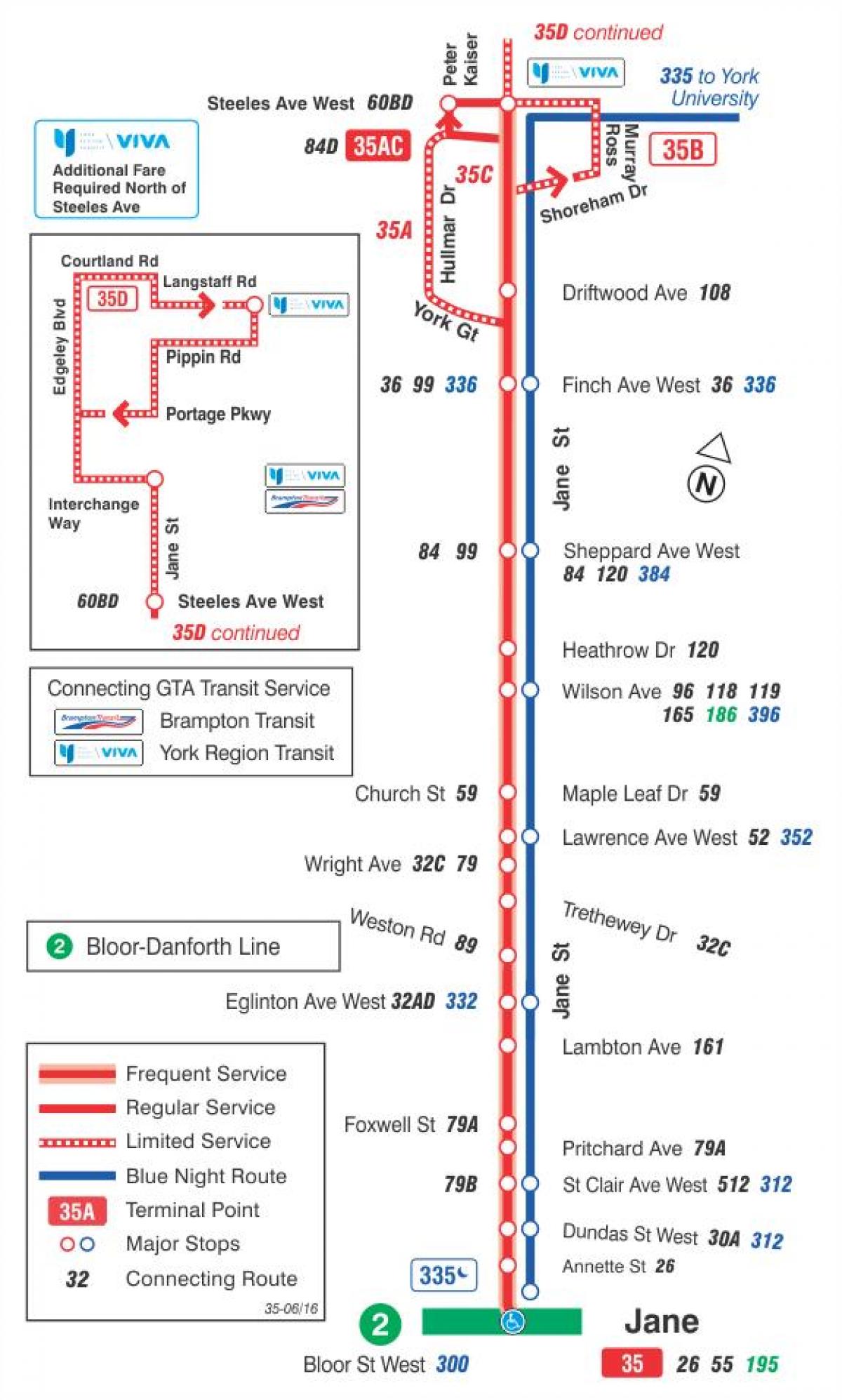 Mapa TTC 35 Jane autobusnu rutu Torontu