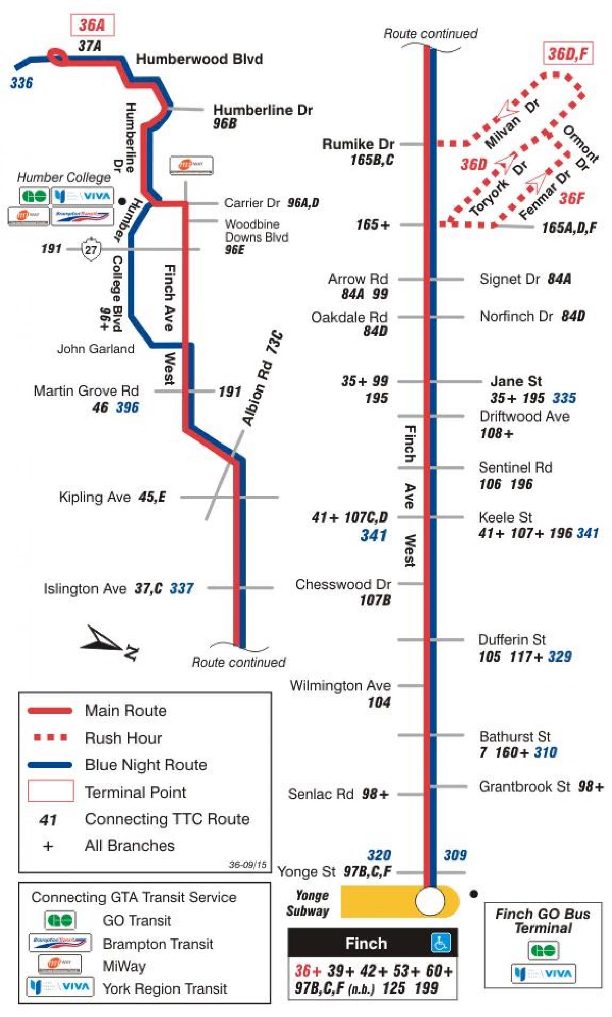 Mapa TTC 36 Finch Zapad autobusnu rutu Torontu