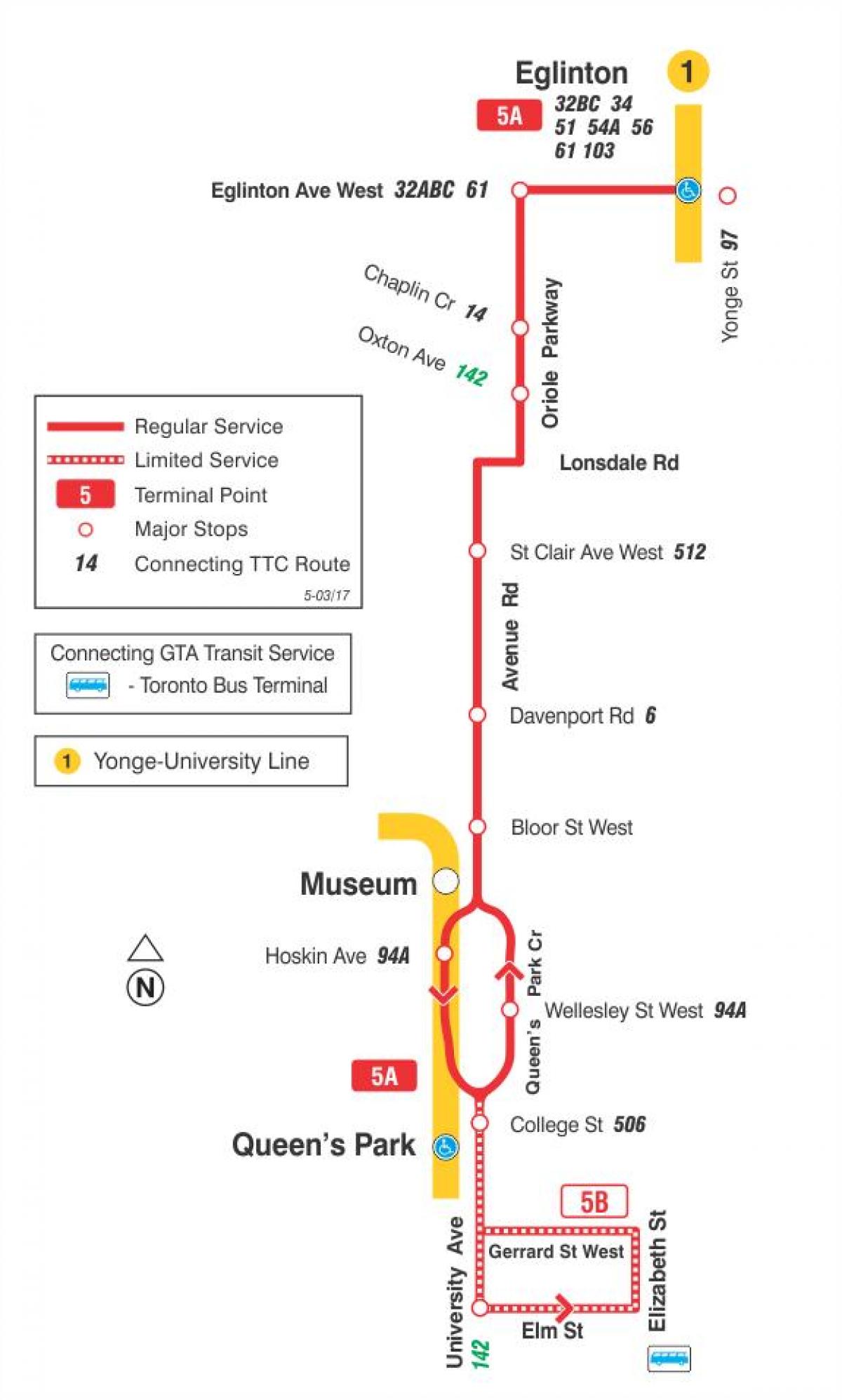 Mapa TTC 5 Aveniji Rd autobusnu rutu Torontu