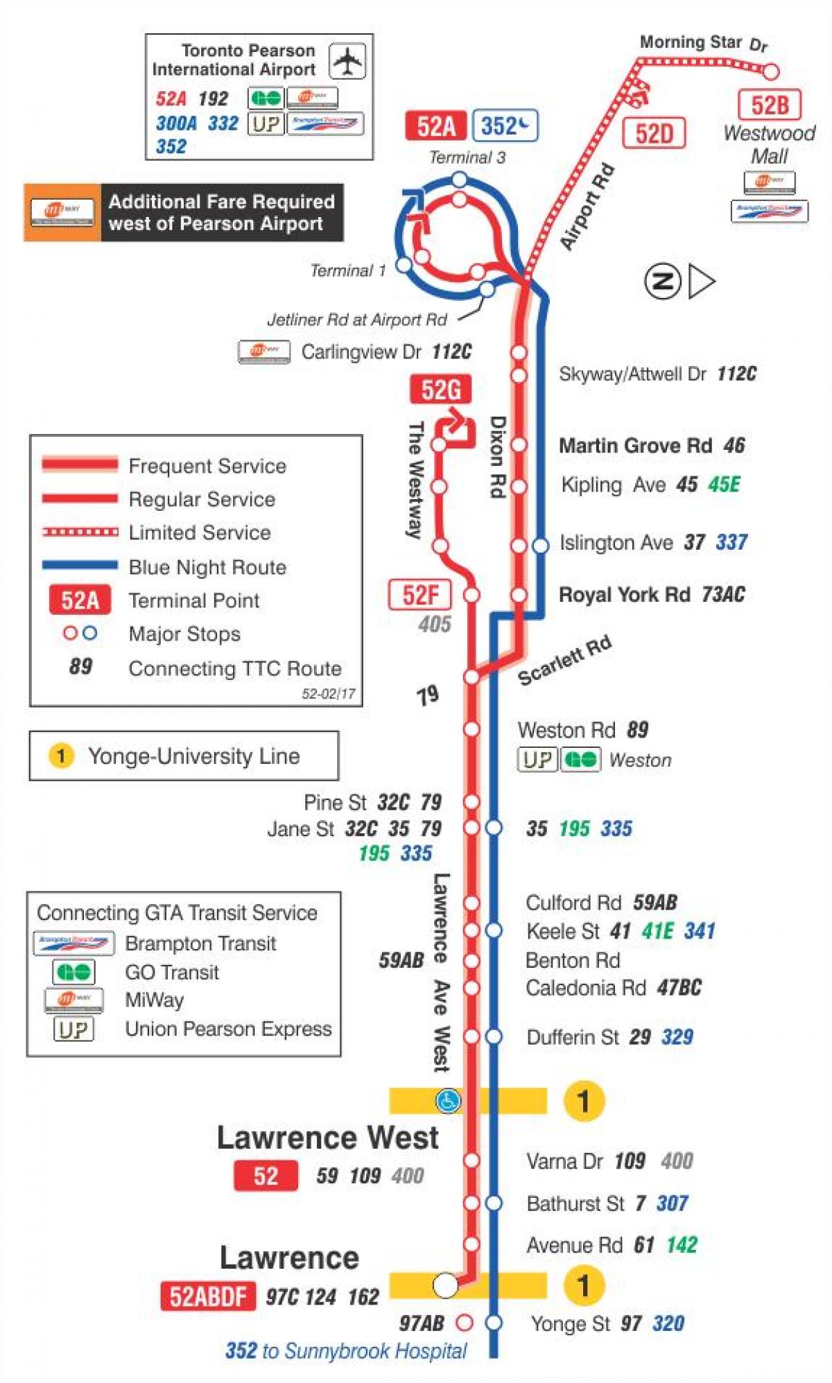 Mapa TTC 52 Lawrence Zapad autobusnu rutu Torontu