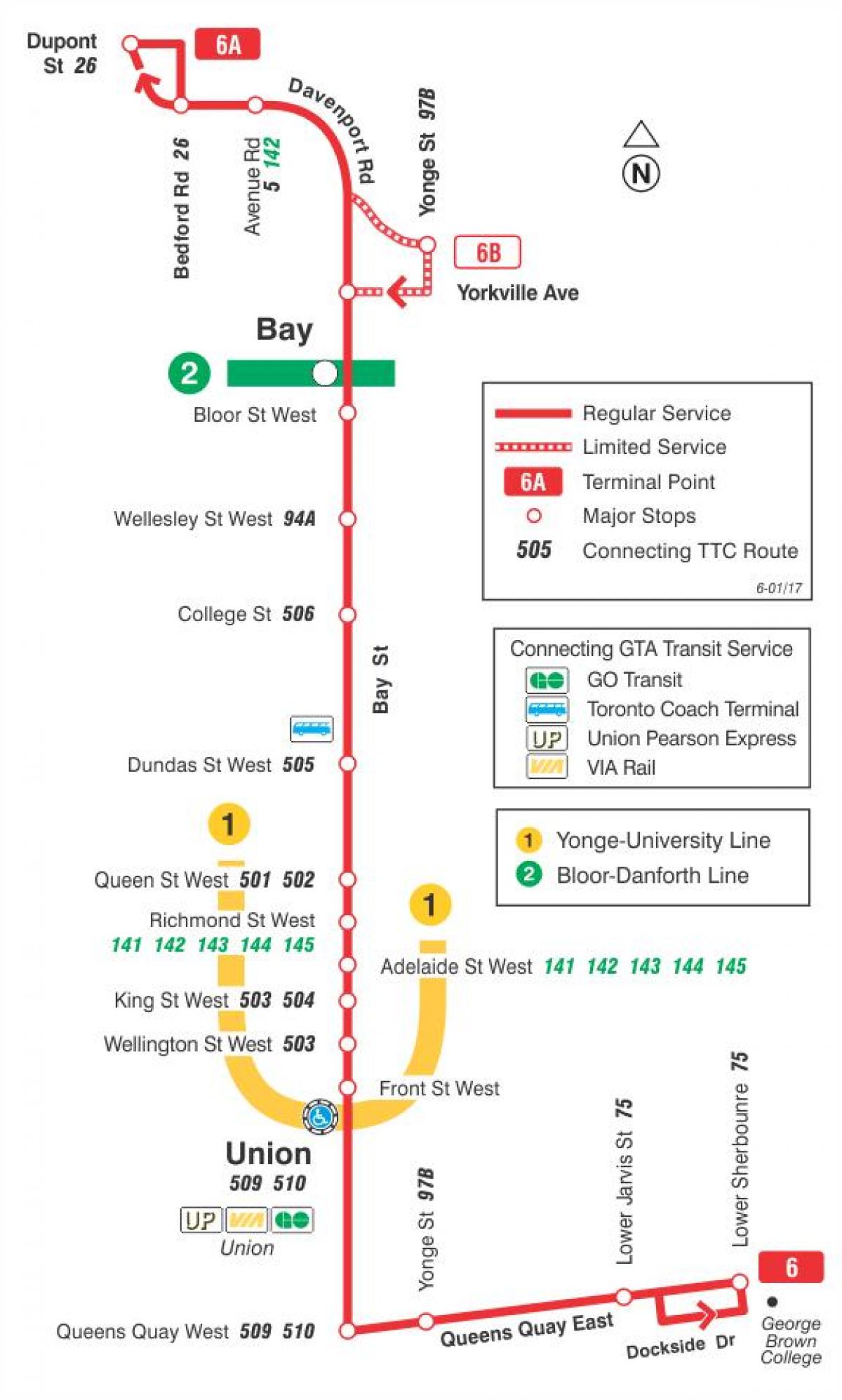 Mapa TTC 6 Bay autobusnu rutu Torontu