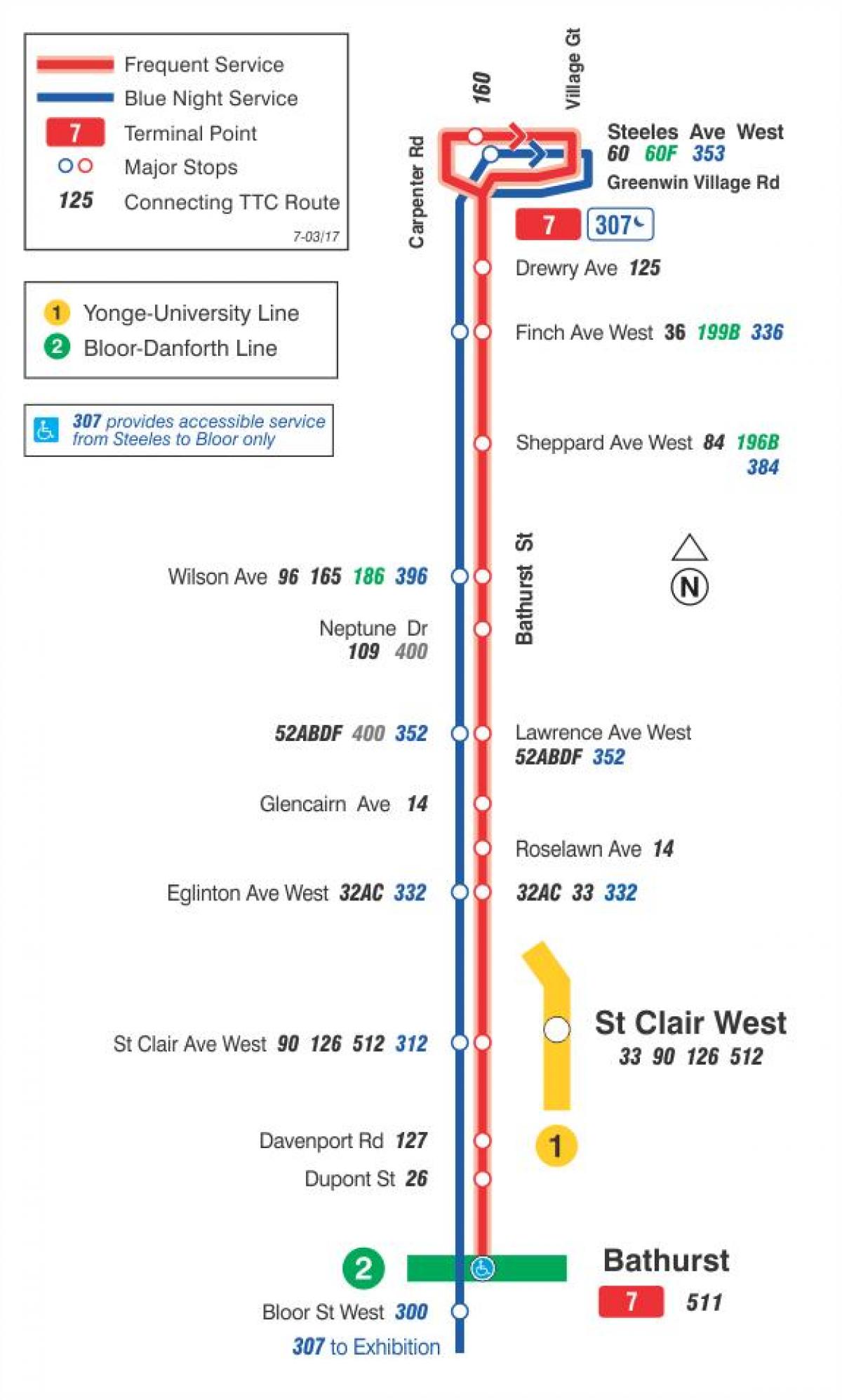 Mapa TTC 7 Bathurst autobusnu rutu Torontu