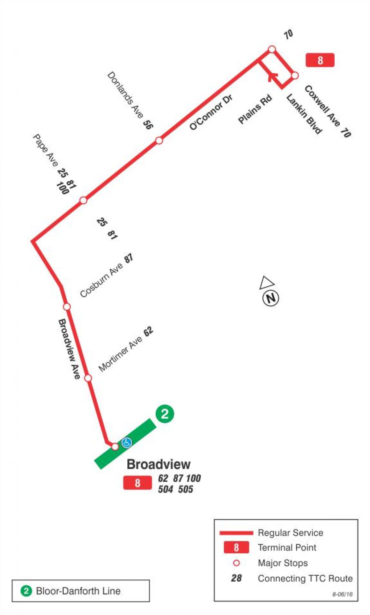 Mapa TTC 8 Broadview autobusnu rutu Torontu